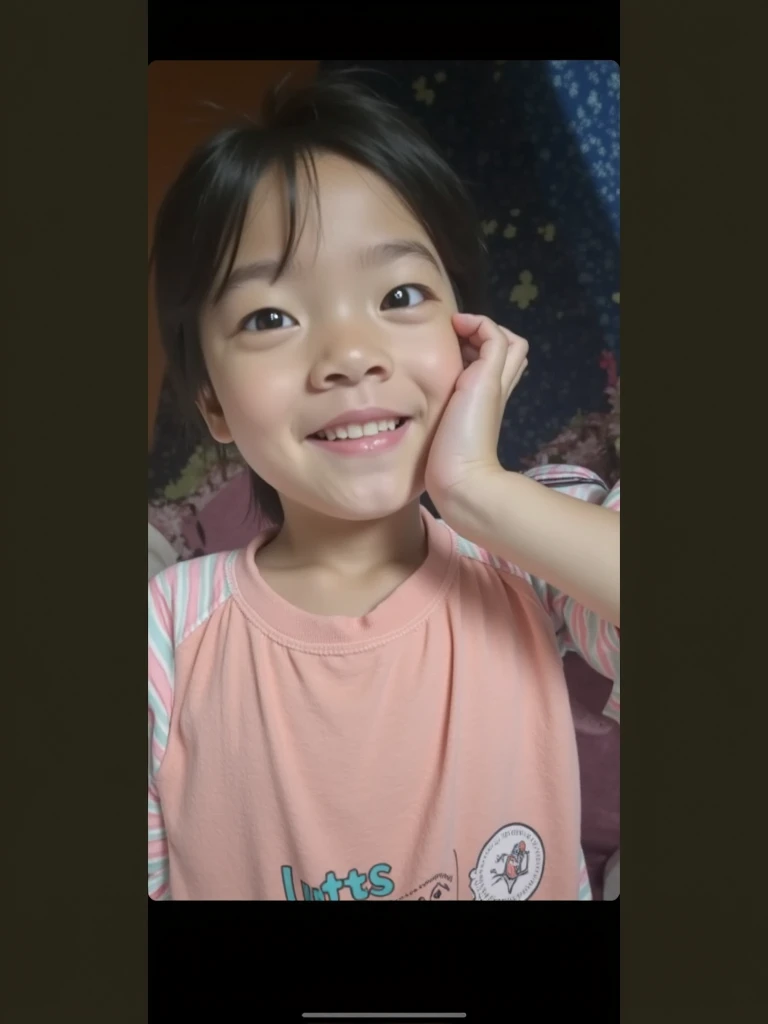 there is a young girl standing in a room with her hands up, she expressing joy, she is smiling and excited, as she looks up at the ceiling, excited expression, being delighted and cheerful, doing a majestic pose, with a happy expression, in an action pose, very excited, excited, captured with sony a3 camera, with arms up, screaming into air