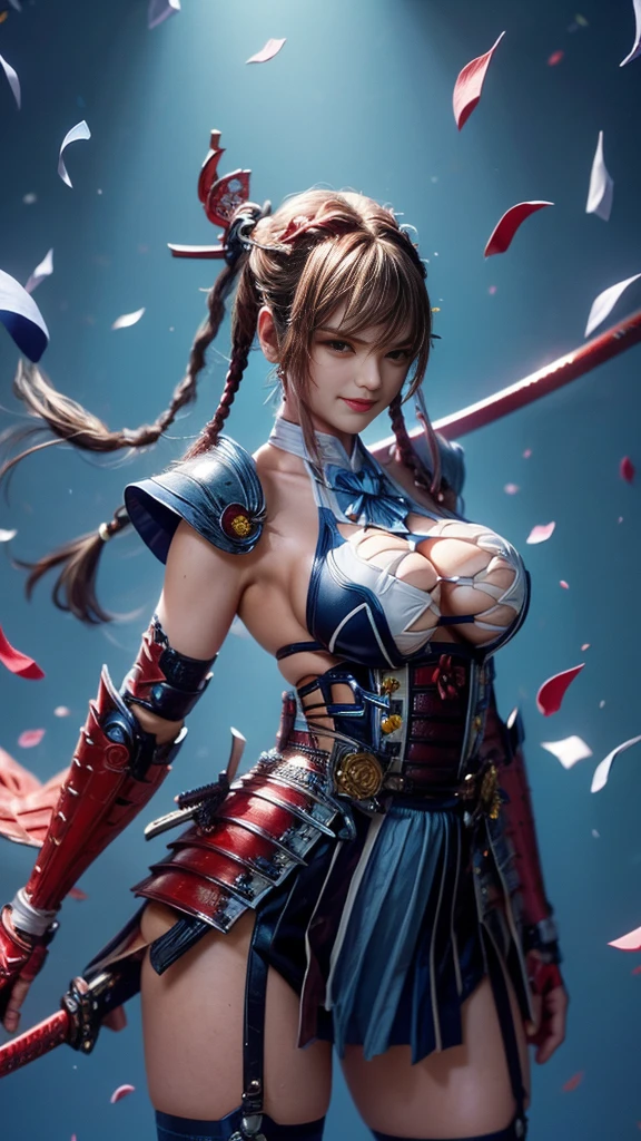 (RAW shooting, Photoreal:1.5, 8k, highest quality, masterpiece, ultra high resolution), Sengoku, Fire, Wars flaring up everywhere:1.3, perfect dynamic composition:1.2, Highly detailed skin and facial textures:1.2, Slim female samurai with a sharp katana sword:1.3, Fight:1.2, beautiful and aesthetic, cute and sexy beauty, perfect style:1.2, wear elaborate rings, fire, water, Wind, thunder, ice, Fair skin, very beautiful face, (Medium chest, Chest gap), (embarrassing smile, The expression on your face when you feel intense caress, Facial expression when feeling pleasure), (Wearing a sexy Sengoku uniform:1.1, off shoulder), (beautiful blue eyes, Eyes that feel beautiful eros:0.8), (Too erotic:0.9, Bewitching:0.9), full body shot