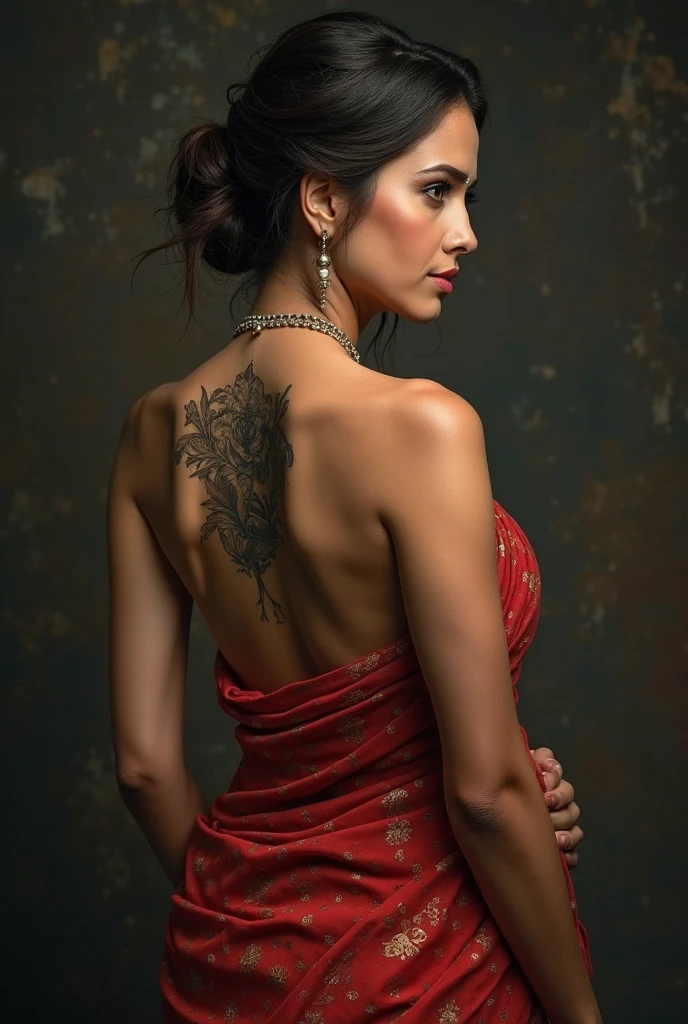 a beautiful woman in a red saree, intense red glowing eyes, intricate evil tattoo on her back, erotic and alluring expression, detailed facial features, intricate jewelry, cinematic lighting, 8k, ultra-detailed, hyper realistic, dramatic atmosphere, dark fantasy, dramatic colors, chiaroscuro lighting, simple green background,