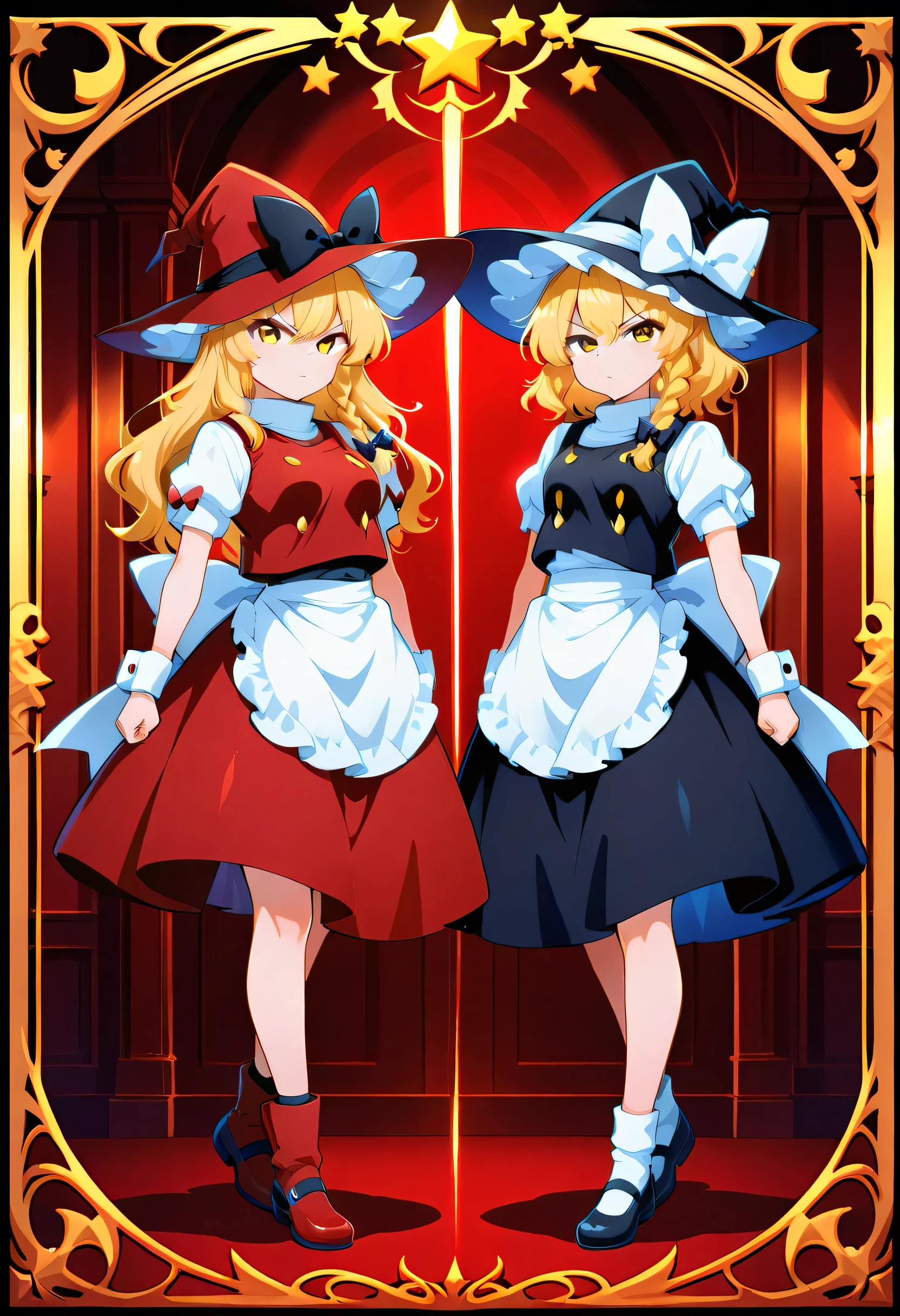 kirisame marisa, 2girl, solo, blonde hair, yellow eyes, single braid,
witch hat, hair bow, black bow, white ribbon, black skirt, black shirt, short sleeves, waist apron, white sleeves
hair ribbon, red ribbon, witch hat, red hat, black bow, hat bow, white shirt, short sleeves, puffy sleeves, red vest, torn vest, buttons, white wrist cuffs, waist apron, red skirt, socks, red mary janes, red boots, serious, mature, vs , large breast,mini haneko,escoba, vs