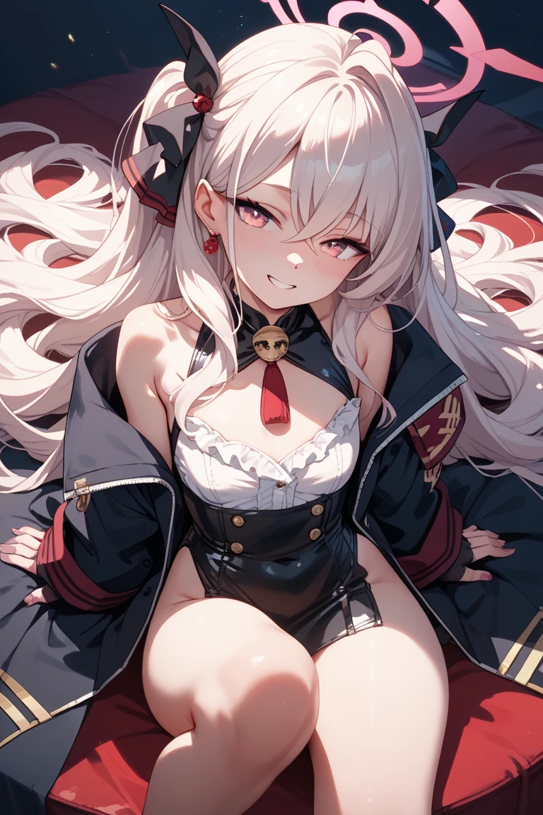 ((masterpiece, Highest quality)), (One girl), (alone), (Focus on women), (whole body)、(Ahoge, Gray Hair, Long Hair), Golden Eyes, Clear smile, Open your mouth, ((Black Skirt), (Short skirt)), Are standing, White Background, Dynamic Angle、((Bra visible through the gap)),((Flip up the skirt))、((Owning panties))、blush、Leaning forward、cowboy shot、((Cleavage))、((Small breasts))