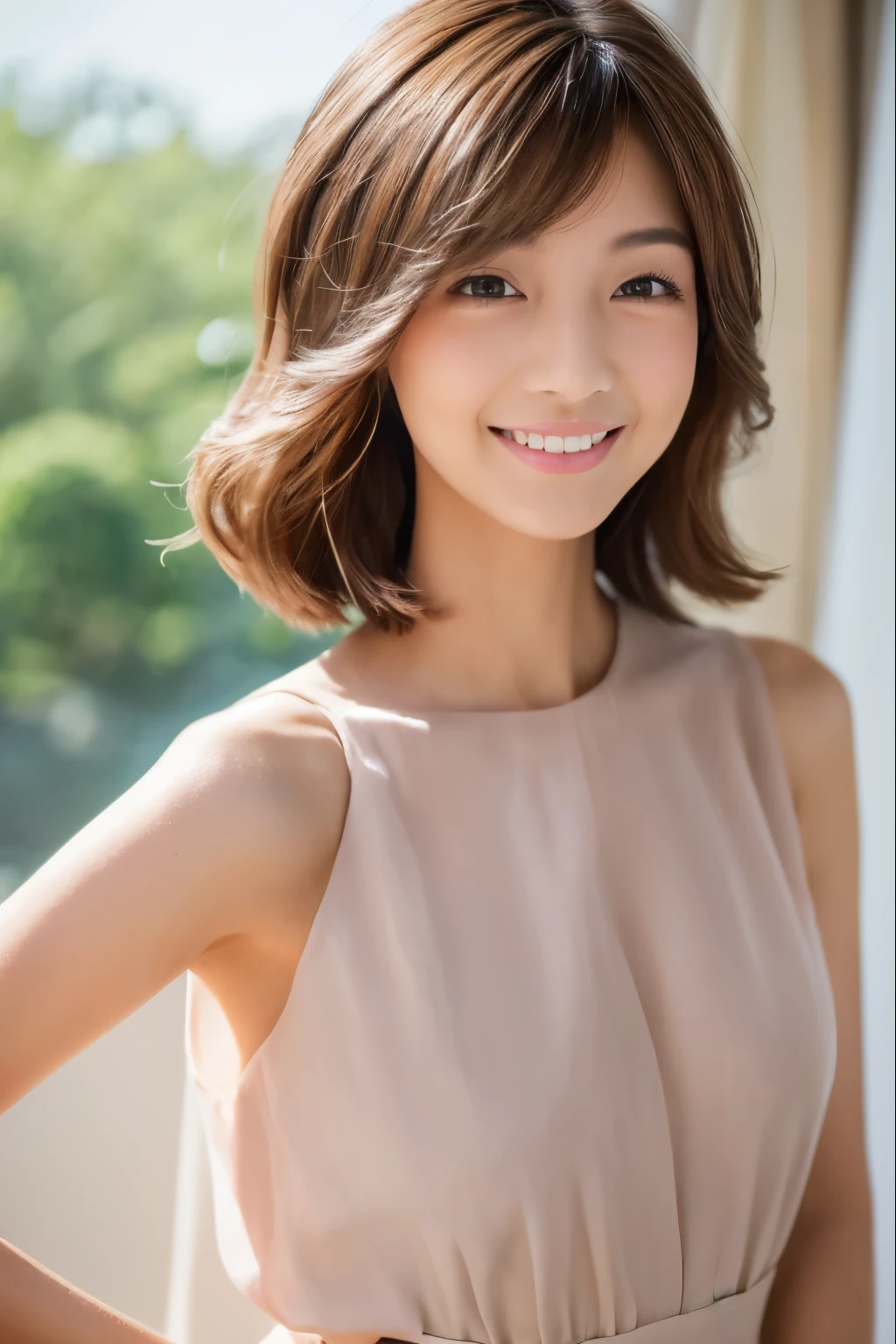 ((Highest quality, 8K, masterpiece: 1.3)), sharp: 1.2, Skinny Japanese woman, 30 years old, Perfect Body Beauty: 1.4, (Very small waist: 1.5), Cute face, Light brown short hair, (((Open your crotch))), Slender body, ((No clothes)), Highly detailed face and skin texture, Fine grain, double eyelid, ((Full Body Shot)), Natural light, smile, Thick pubic hair,Small areola