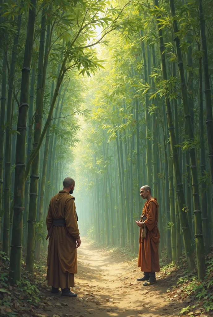 A serene scene in an ancient forest, where Gautama Buddha, dressed in simple saffron robes, walks calmly with a peaceful expression. Behind him, Angulimala, a fierce-looking bandit with a garland of severed fingers around his neck, chases after him with a sword in hand. The forest is dense with towering trees and a soft mist in the air. The Buddha is untouched by fear, exuding an aura of calm and compassion, while Angulimala, with wild eyes, struggles to close the distance between them. The light filters gently through the trees, highlighting the contrast between the Buddha's tranquility and Angulimala's desperation