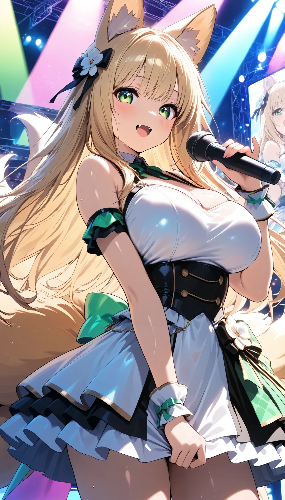 blonde hair, green eyes, long hair,, large breasts,, Live Stage, solo, ウェーブヘア nipple