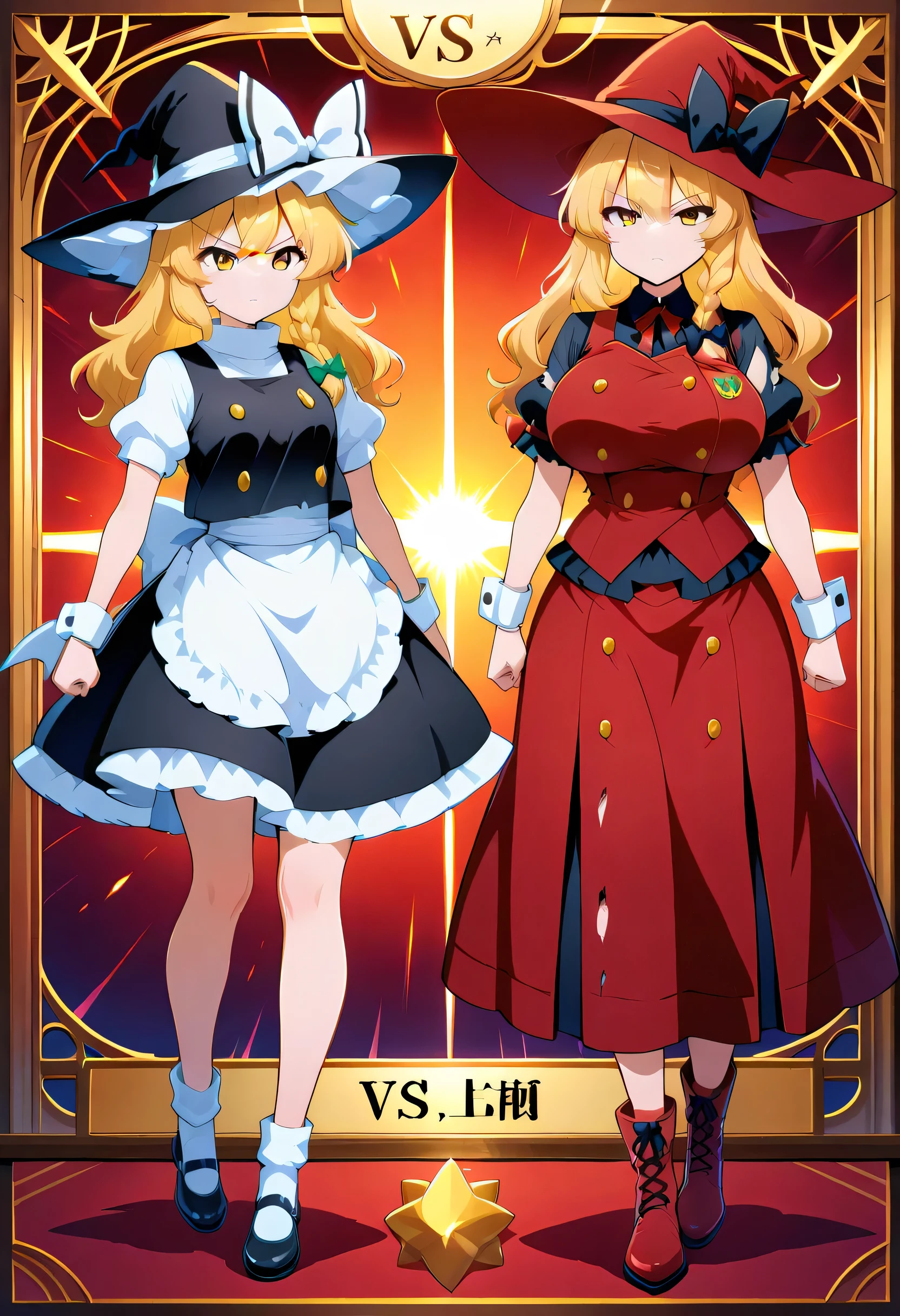 kirisame marisa, 2girl, solo, blonde hair, yellow eyes, single braid,
witch hat, hair bow, black bow, white ribbon, black skirt, black shirt, short sleeves, waist apron, white sleeves
hair ribbon, red ribbon, witch hat, red hat, black bow, hat bow, white shirt, short sleeves, puffy sleeves, red vest, torn vest, buttons, white wrist cuffs, waist apron, red skirt, socks, red mary janes, red boots, serious, mature, vs , huge breast,mini haneko,escoba, vs, long hair, huge breast