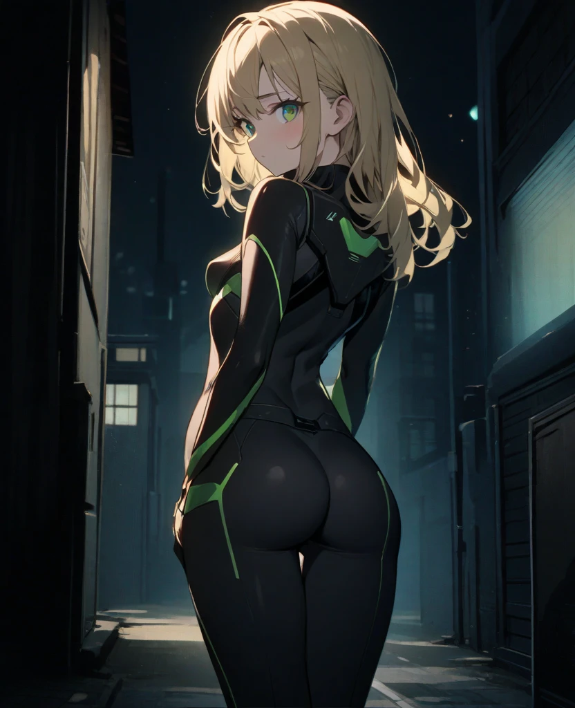 1girl, green eyes, blonde hair, long hair, breasts, hourglass figure, bodysuit, white bodysuit, neon, neon trim, machinery, tech, science-fiction, futuristic, serious, standing, full body, ((full body)), pantyhose, black pantyhose, wavy hair, ass, from behind, mature female, ((ass)), drone