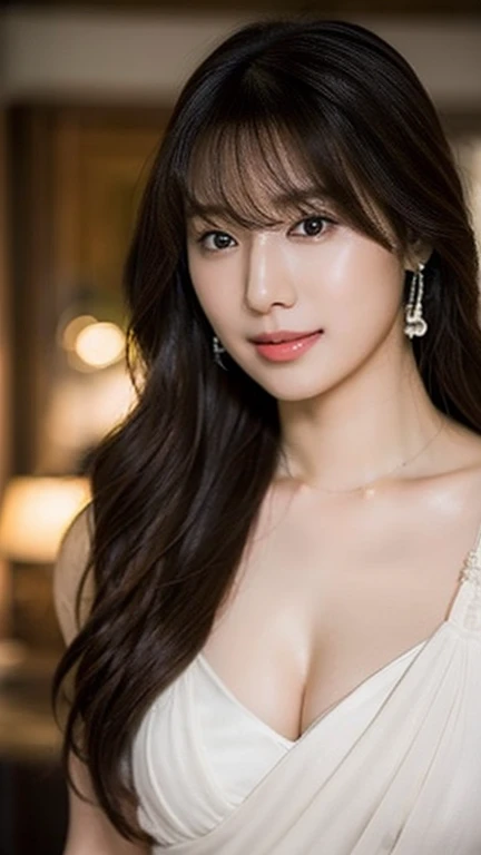 (highest quality、Full body photo 1.2、8K、best image quality、Award-winning work)、(one young girl, 14 years old:1.3)、(Luxury dresses:1.2)、(red eyeshadow:1.2)、perfect makeup、long eyelashes、Super high-definition sparkling eyes、ultra high definition hair、ultra high resolution glossy lips、Super high resolution perfect teeth、Super high resolution cute face、brown hair、(((very long straight hair:1.2))、look at me and smile、[clavicle]、accurate anatomy、Luxury love hotel、(The most moody warm lighting:1.2)、blurred background、With bangs、Super high-resolution glossy and moisturized face、Super high resolution glowing skin、most detailed face、Ultra high resolution detailed faces、ultra high resolution hair、Super high resolution sparkling eyes、Beautiful face drawn in every detail、Super high resolution glossy red lips、big breasts、cleavage、Fashionable necklaces、(((Full body photo 1.2)))、Hair fluttering in the wind 1.2、(((Professional Lighting 1.5)))