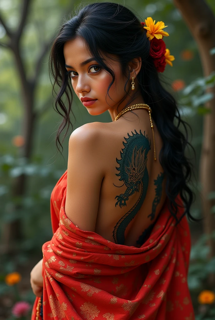 (A y Asian woman ?(age (tiny bikini, athletic, big butt, loair put up in fancy style) she has love poems penned with henna on her back in a artsy font) she is holding her hair up, her back is to the viewer