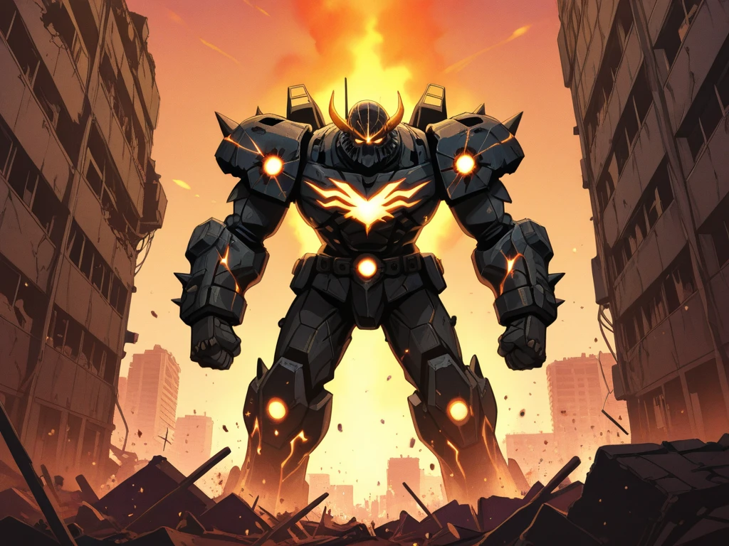 the same design as giant Zeraora Wearing Powered exoskeleton rampage through a city, (rampage through a city, crushing buildings beneath their unstoppable metal frames) (metallic PENIS), (best quality, highly detailed) (terrifying and imposing design, smoke and flames rising from the destruction in the background, a lone figure) (high-tech bio-mecha armor) (gigantic muscles, Gigachad Muscular, big muscle, pecs, triceps, traps, unusually developed muscular body, body full of huge muscles. showing off muscles, pectorales enormes, Exaggeratedly huge muscles.)