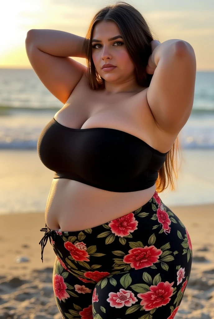 A beautiful curvy maxican woman wearing a black red bra and panties, A breathtaking image of a vibrant sunset over the ocean, with hues of orange, pink, and purple coloring the sky, inspiring awe and wonder.