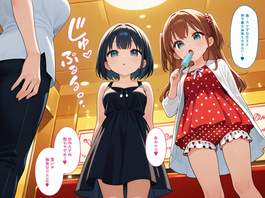 A girl with small breasts and short black bob hair wearing a chick skirt and a floral bra that has been removed is crying in disgust as a molester massages her breasts with both hands on a train