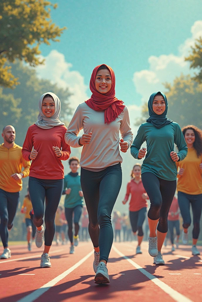 create me a picture of a handsome 4 Melaka man in track pants jogging in a lake park accompanied by four beautiful Malay women wearing Hijabista veils aged between 30 and 40 years old