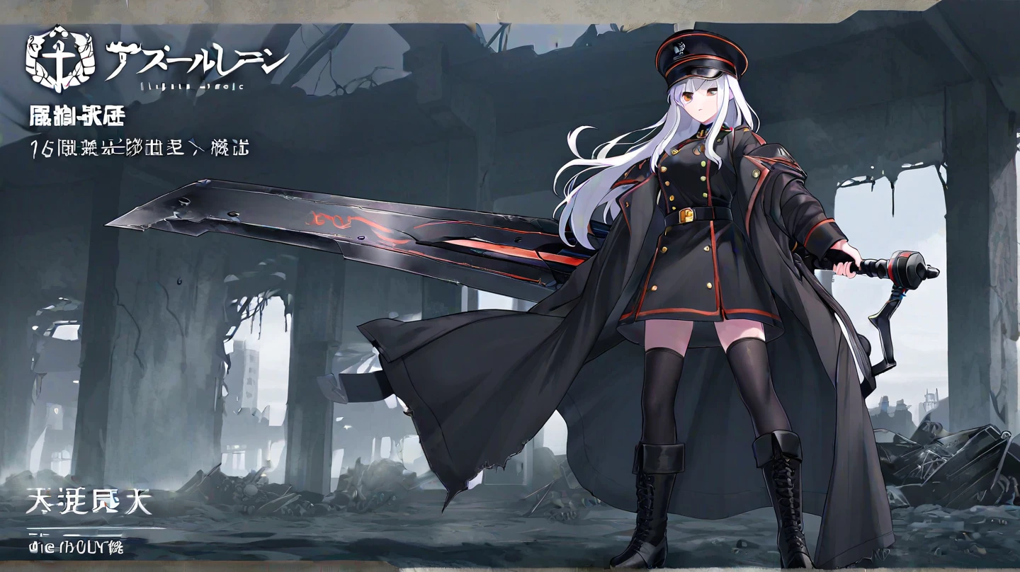 Hyper-detailing，A high resolution，best qualtiy，top Quority，8k wallpaper，Black military uniform，Loli，Blue pupil，Long white hair，Perfectcomposition，Soft hair，solo person，Side Body，half-body portrait，HighestQuali，expressiveless，black over-the-knee socks