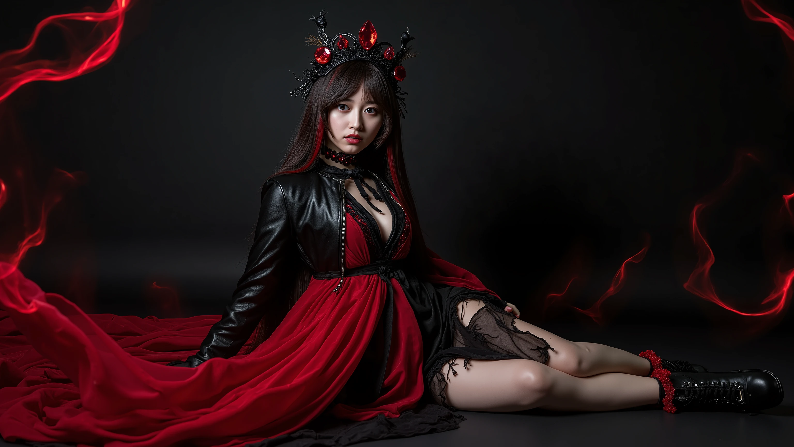 A young anime woman 、produces a very realistic full body image、wearing a mask covering the left half of the face, with no pupils on the left eye . Black and red magic revolving around black . dark hair with red highlights , white skin and a black crown with red crystals . A young adult woman with a black leather jacket {x} extremely realistic mascara Cobre o Rado Esquerde da Face {x} a red dress with a black leather jacket and red details Wear black boots with ., aura, Her , dark background