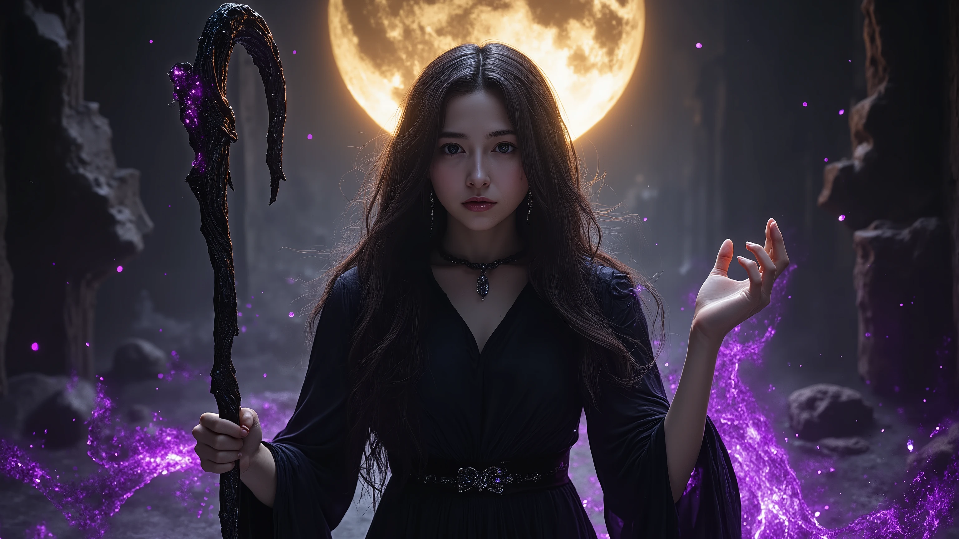 ee_and,
The Wizard of Shadows stands in the center of a dimly illuminated place The, Mysterious Battlegrounds, Her Earrings , radiating raw magical powers. Her dark hair like a crow flows violently around her, is entwined with a string of shining shadow-like energy, shapes an intense and intimidating expression. Her Dark, fitted gown is made of organic materials and, An otherworldly aura that moves and twists like its own life, clings to her figure、gives off an aura of danger and charm.
In one hand, she says 、wield a twisted black wooden cane crowned with pulsing purple crystals, A purple crystal that emits crackling energy, casts an eerie light around her. A small spark of shadow dances across her skin and clothing, emphasizes the chaotic power she manipulates. her other hand is slightly raised, Cast dark spells、Fingers are curled up as if they are summoning powers from another world.
The background is sinister and vivid, Magical atmosphere — a flickering sphere of gold and purple light、floats like a restless spirit in the dim light, shadowy fog swirls under her feet. The fuzzy outlines of ancient ruins can be seen in the distance, its end shines faintly with residual magical energy. snow or ash drift through the air, adds texture and depth.
This configuration 、capturing her as an incarnation of the magic of shadows and forbidden powers, dark Combining elegance and menace, An otherworldly aura in a scene full of tension and mystery.