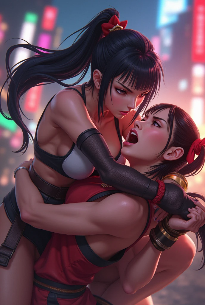 2 women hugging in a ring, vestindo roupas sexly de MMA, On a hot summer day, sexly:1,5, yuri, lesbian, NSFW, Lewd:1,5,juri han,chun li
