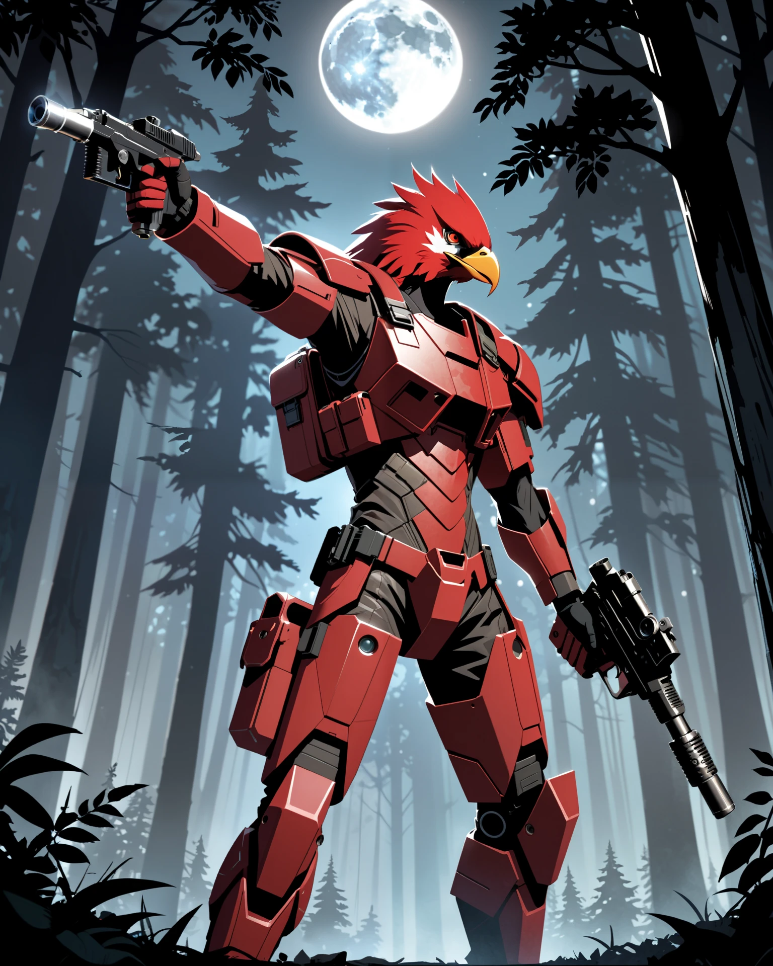 fierce expression, red-feathered humanoid eagle with sharp beak, futuristic red combat suit with black tactical straps, holding a dl44blstr pistol, confident and dominant pose, standing with one arm raised, intense gaze looking forward, moonlit outdoor forest setting, full red moon in the background, dramatic side lighting casting strong shadows, dark and tense atmosphere, low shooting angle for heroic perspective, detailed character focus, surreal and stylized illustration.