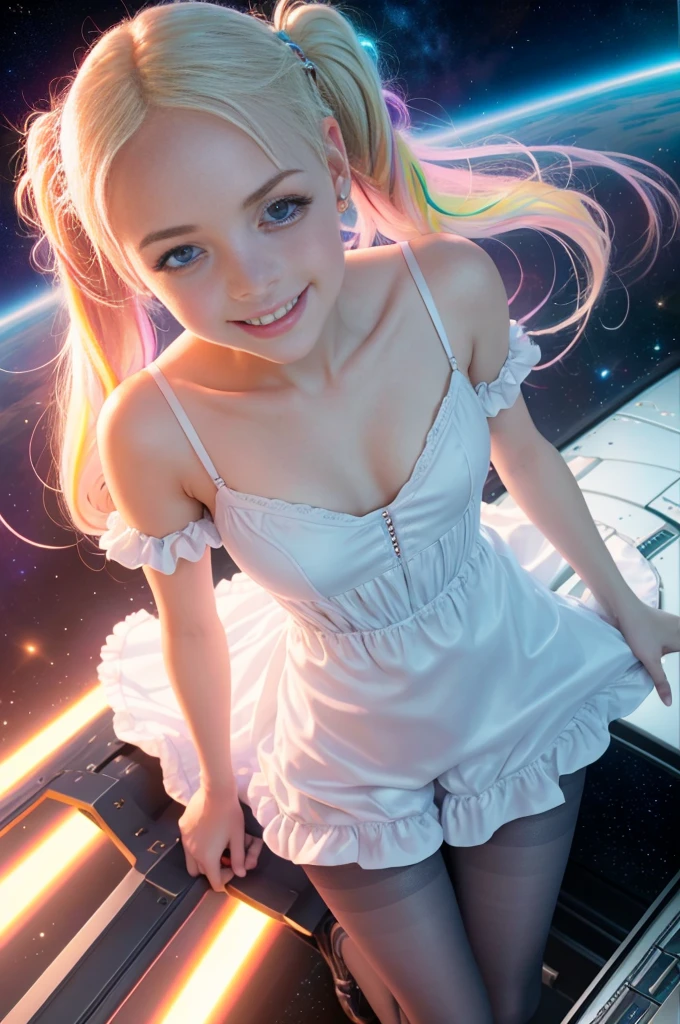 cute 19-year-old blond haired woman, pale white skin, happy, smiling, in twin tails, perfect blue eyes, pale goth skin, silky smooth skin, standing on a space ship, deep space, dark lighting, outer space seen through windows, wearing a tight silky dress, low cut top, pleated short dress bottom, (pastel rainbow colors:1.2), (polka dots:1.2), wearing pantyhose, cute short cut booties.