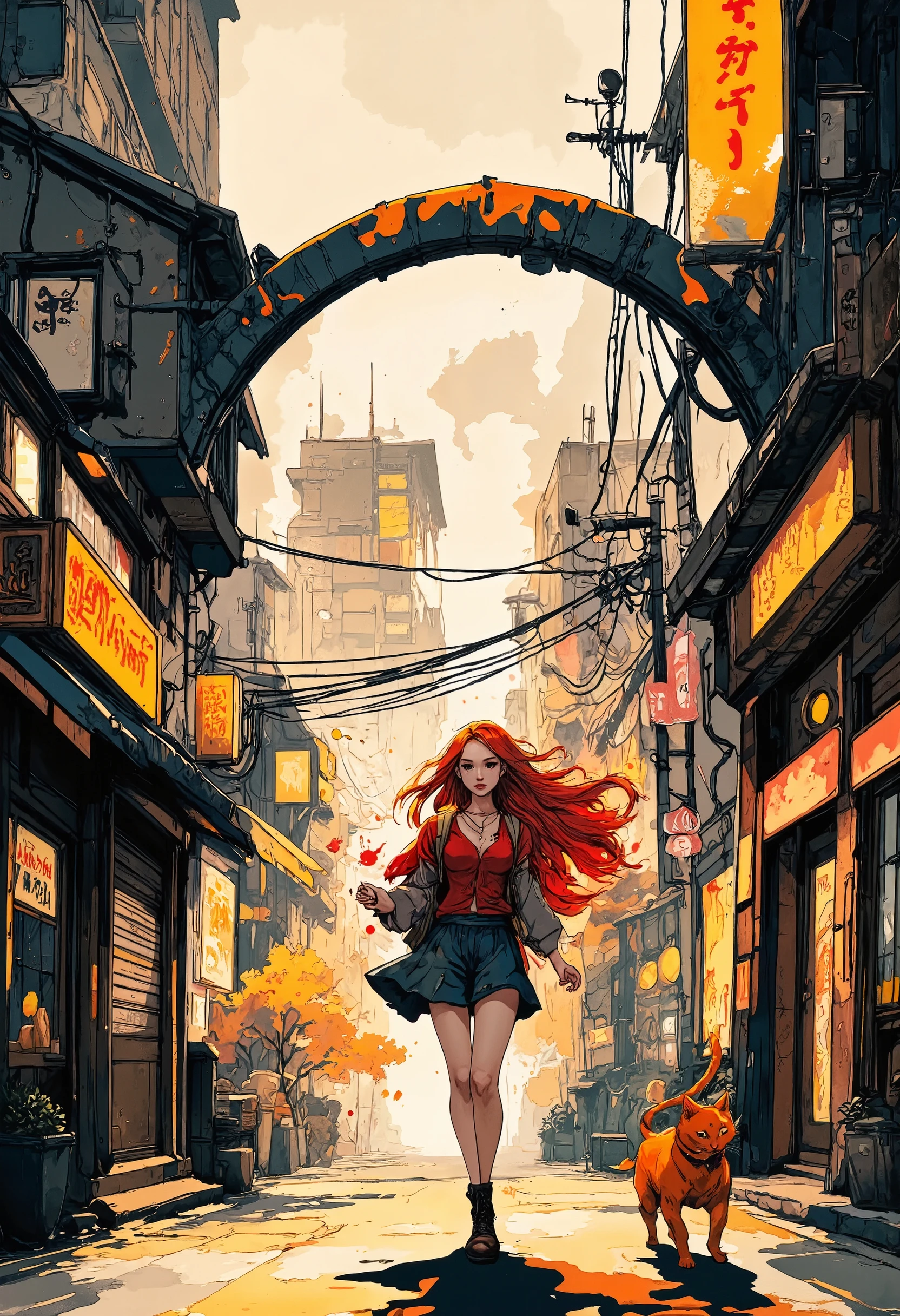 A girl walks with her long-haired red cat through the streets of Shibuya, the dynamics of walking, beautiful details, beautiful hair fluttering in the wind, a delicate blush, against the background of a narrow old street, arches, bridges, roofs, windows and doors, the contour light highlights the silhouette of a girl, shines through strands of flying hair, digital art, graphic illustration, high stylization, sumi-E. ink, splashes, spots, lines and strokes, the breath of time