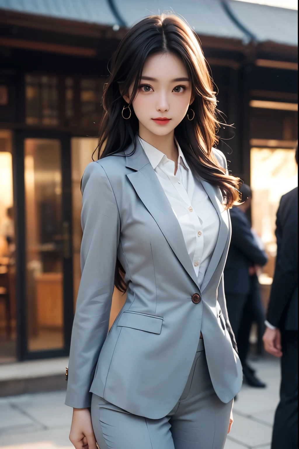 (facial expression: happy, ), (Type of clothing: business suit), (Color of clothes: white), (complexion ; thin), perfect anatomy, a woman, Long Hair, green eyes, blush , full body buttons,