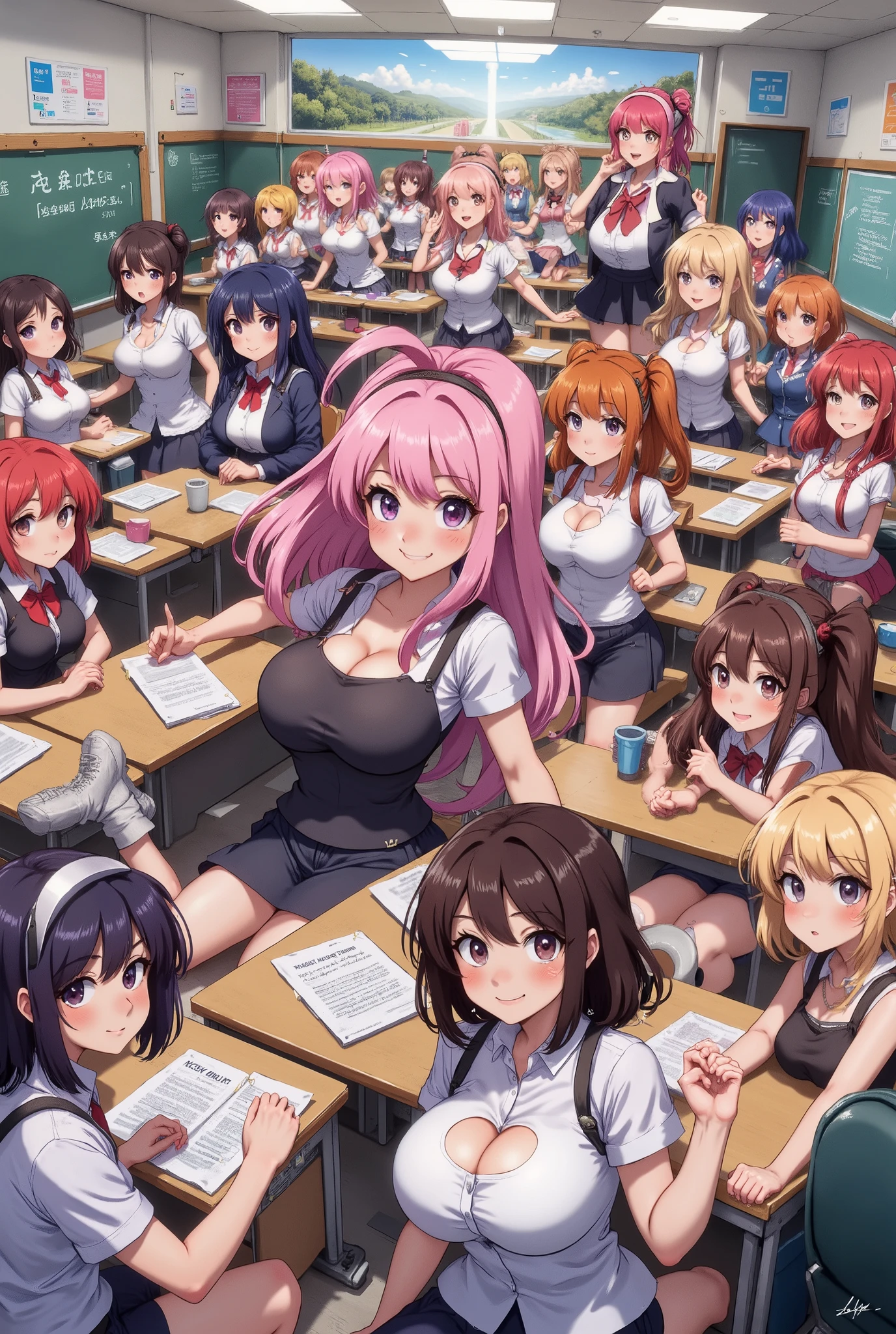 ((4girl:1.5)),rias gremory,red hair, ahoge, blue eyes, large breasts ,
BREAK (otonokizaka , pleated skirt, , short sleeves, skirt, summer uniform, sweater vest, yellow sweater vest,:1.2)
BREAK  sitting in an office chair, on a desk,
BREAK (masterpiece:1.2), best quality, high resolution, unity 8k wallpaper, (illustration:0.8), (beautiful detailed eyes:1.6), extremely detailed face, perfect lighting, extremely detailed CG, (perfect hands, perfect anatomy),