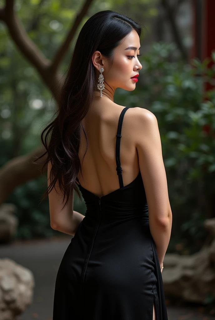 A shining silhouette of a looking back mystique black woman with her deep bright glowing eyes wearing an elegant dress with bare back and shoulders in a mystery garden, time shift, moonlight shadows, glamorous world