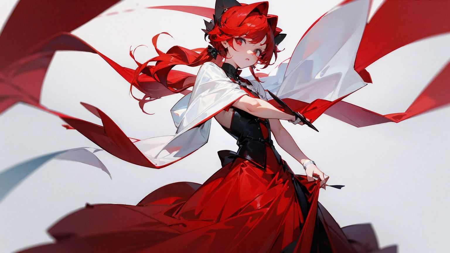 1 Chica, piel blanca, cabello rojo, ojos rojos sangre, vestido rojo, vestido corto, with a red and white cane