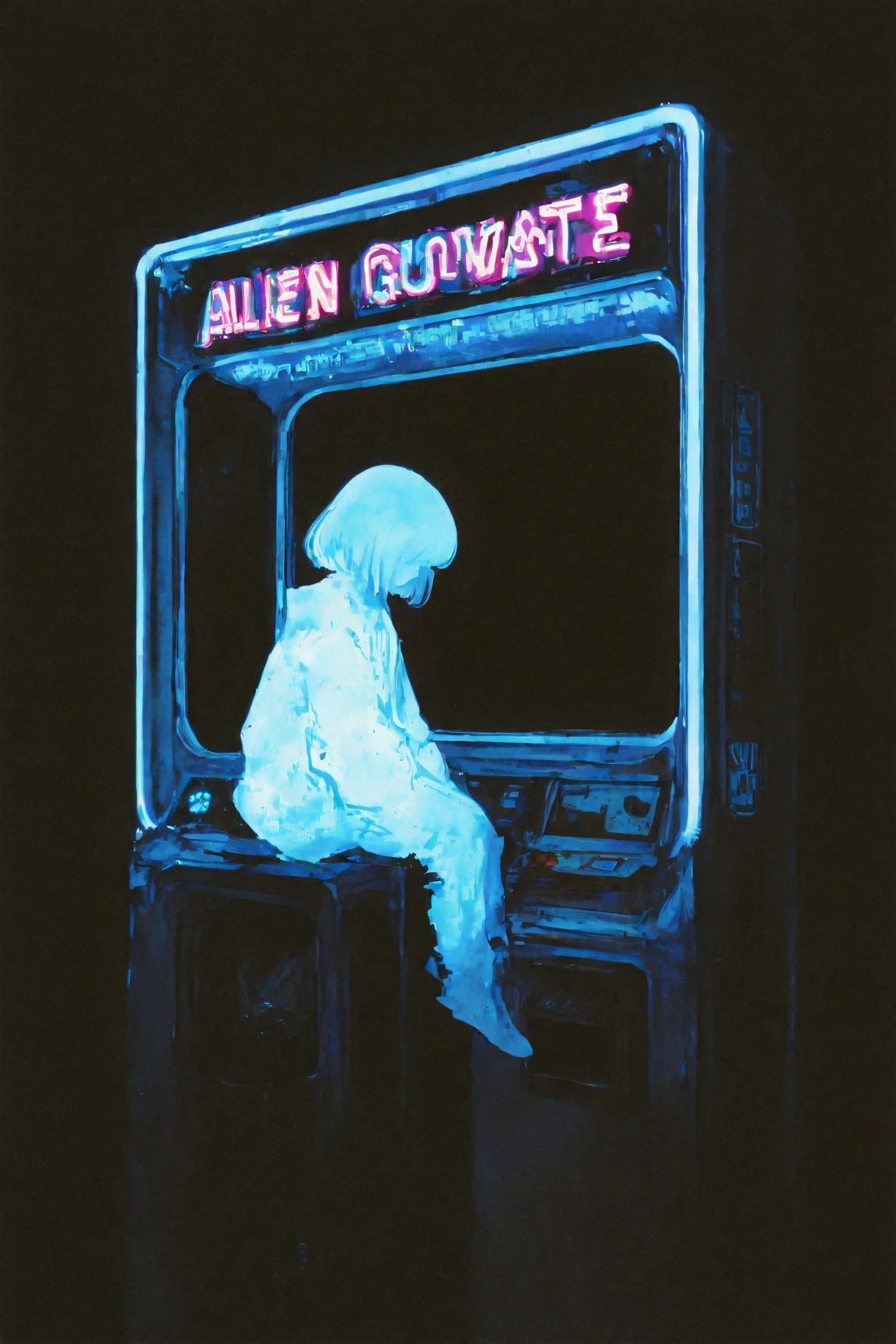 A foreboding dark lo-fi art scene painted on a black background: a young woman sits in a dimly lit underground arcade, facing the large display of a game cabinet. The screen shows alien imagery, creating a dark, atmospheric composition. Neon lights illuminate the space, evoking a nightmarish yet nostalgic mood with a subtle grainy texture. Inspired by Tristan Eaton’s cosmic and anime Art Nouveau style, combined with Britney Lee’s aesthetic. The artwork employs a CMYK palette and detailed photography, making it suitable as an album cover or wallpaper reminiscent of Tristan Eaton’s works.