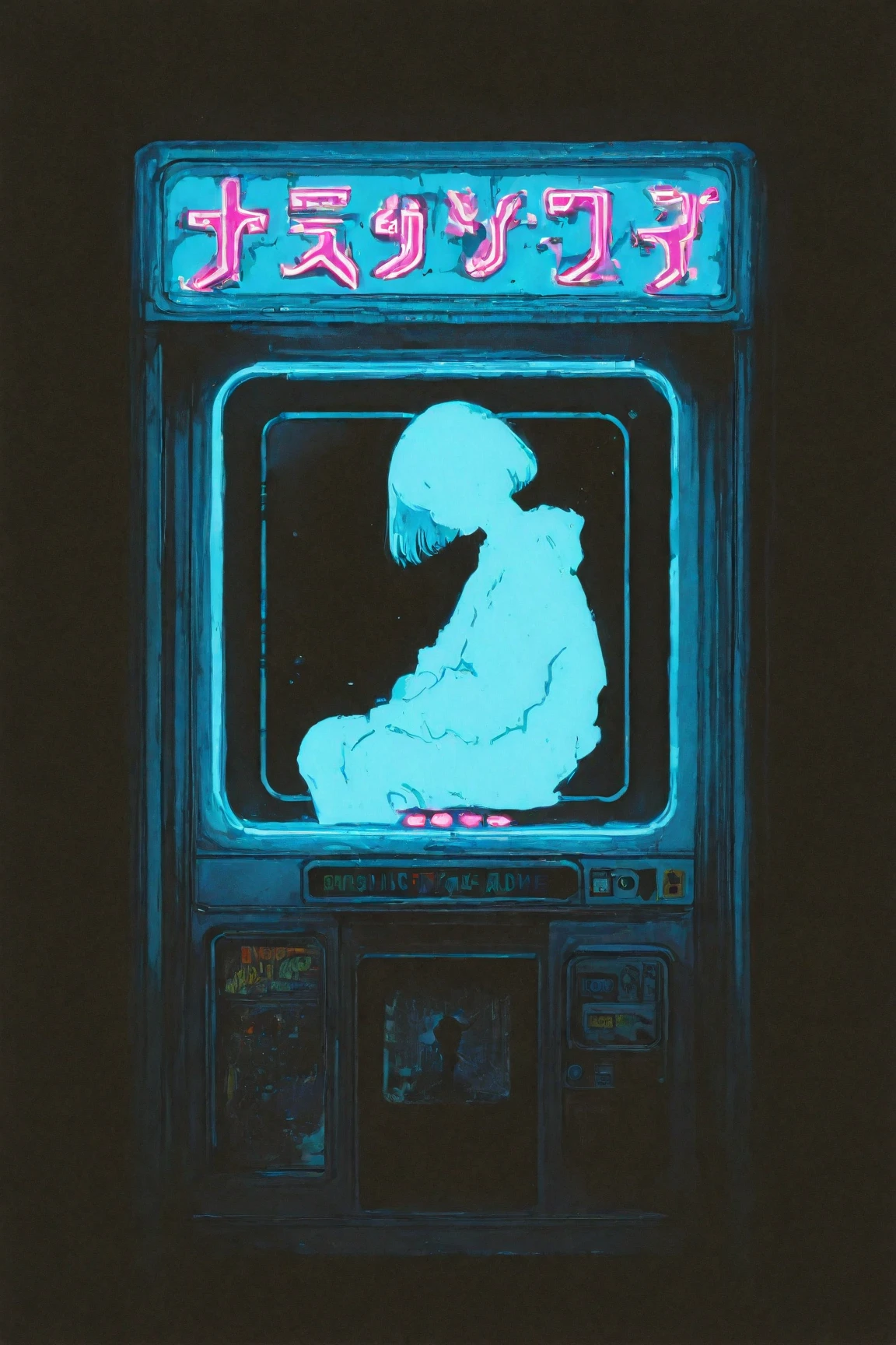 A foreboding dark lo-fi art scene painted on a black background: a young woman sits in a dimly lit underground arcade, facing the large display of a game cabinet. The screen shows alien imagery, creating a dark, atmospheric composition. Neon lights illuminate the space, evoking a nightmarish yet nostalgic mood with a subtle grainy texture. Inspired by Tristan Eaton’s cosmic and anime Art Nouveau style, combined with Britney Lee’s aesthetic. The artwork employs a CMYK palette and detailed photography, making it suitable as an album cover or wallpaper reminiscent of Tristan Eaton’s works.