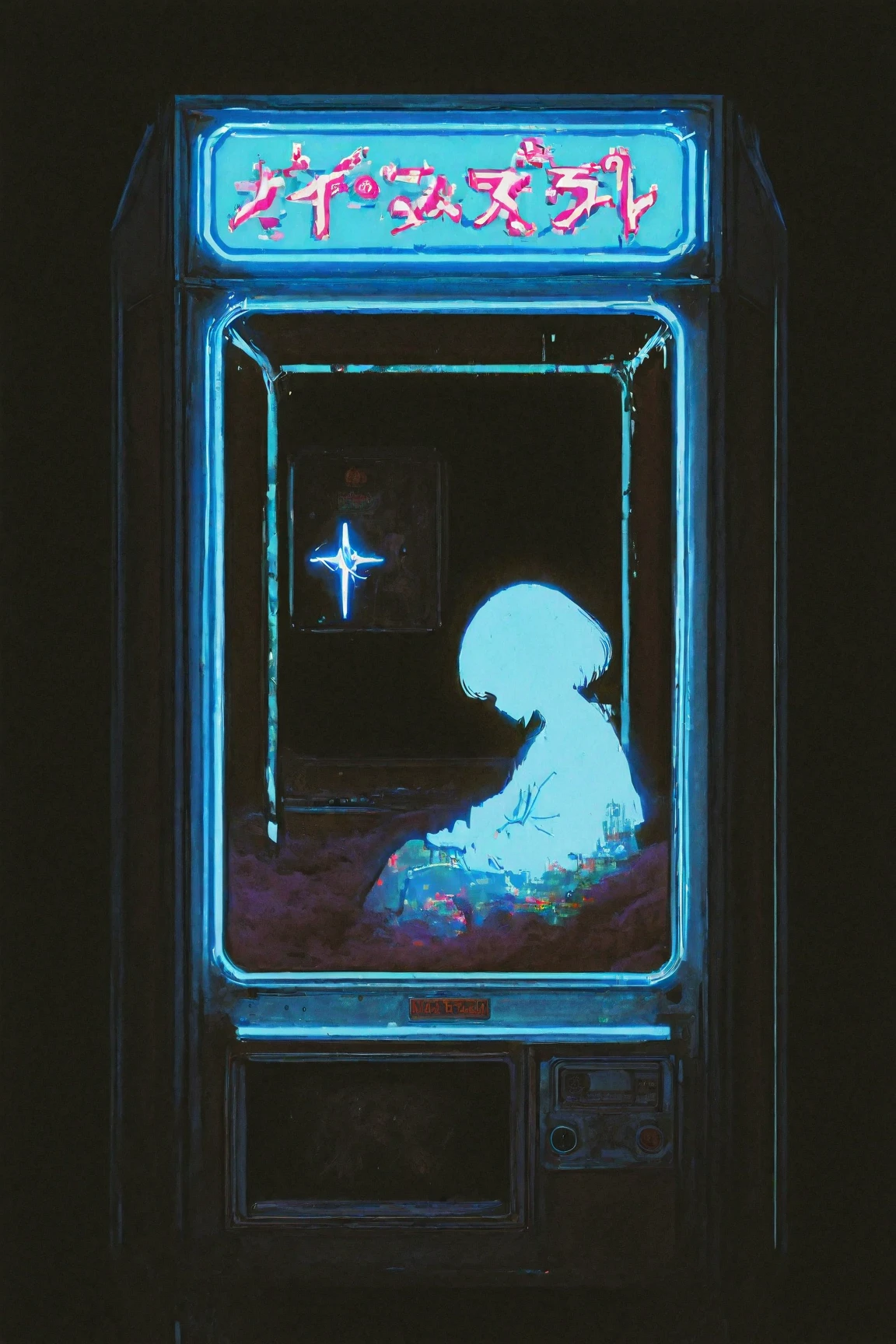 A foreboding dark lo-fi art scene painted on a black background: a young woman sits in a dimly lit underground arcade, facing the large display of a game cabinet. The screen shows alien imagery, creating a dark, atmospheric composition. Neon lights illuminate the space, evoking a nightmarish yet nostalgic mood with a subtle grainy texture. Inspired by Tristan Eaton’s cosmic and anime Art Nouveau style, combined with Britney Lee’s aesthetic. The artwork employs a CMYK palette and detailed photography, making it suitable as an album cover or wallpaper reminiscent of Tristan Eaton’s works.