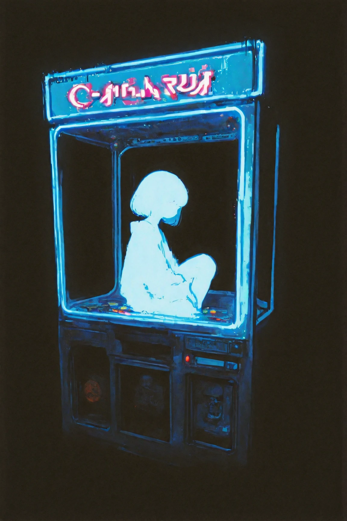 A foreboding dark lo-fi art scene painted on a black background: a young woman sits in a dimly lit underground arcade, facing the large display of a game cabinet. The screen shows alien imagery, creating a dark, atmospheric composition. Neon lights illuminate the space, evoking a nightmarish yet nostalgic mood with a subtle grainy texture. Inspired by Tristan Eaton’s cosmic and anime Art Nouveau style, combined with Britney Lee’s aesthetic. The artwork employs a CMYK palette and detailed photography, making it suitable as an album cover or wallpaper reminiscent of Tristan Eaton’s works.