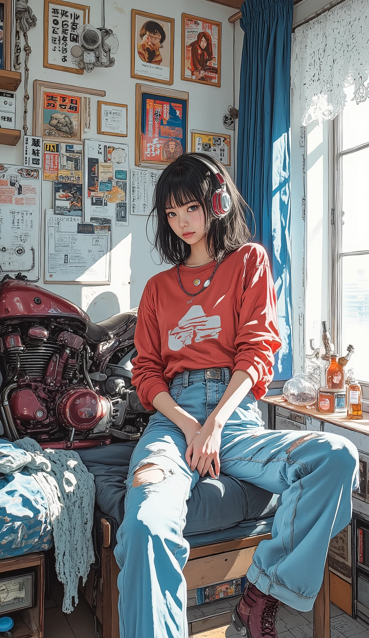 A Japanese high school girl who loves AKIRA is relaxing in her room , Traditional Paintings , by Shinoda Toko , by Ayako Rokkaku , mural, Full page illustration , Japanese painting, Comic stills , Artwork , Dark blue and Bordeaux album jacket , lace curtains、AKIRA MOTORCYCLE MINIATURE、It's in the room,AKIRA poster、AKIRA manga、 short bob 、 RED ADIDAS JERSEY , headphones , anatomically correct、she loves AKIRA、