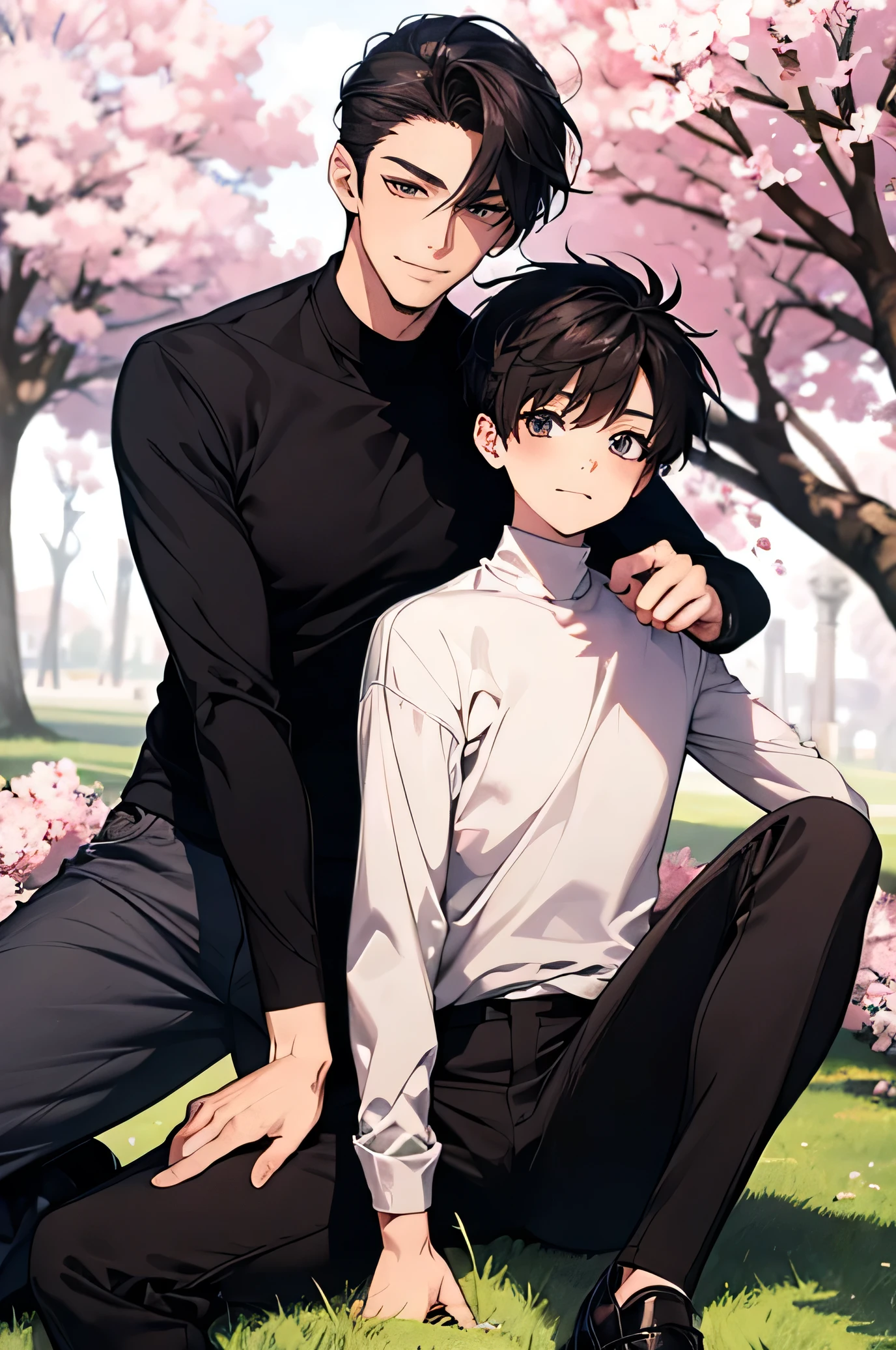 Man Two Handsome Guy very short black hair smile wide thigh opening under a cherry tree solid black tight long sleeve high neck shirt Tight Long Pants Bulge crouch down and open your legs