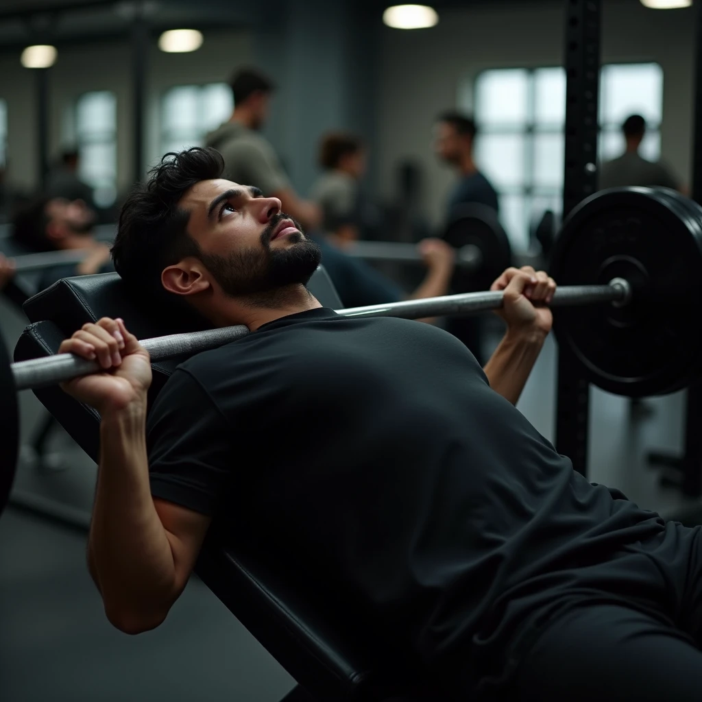 "A muscular man is performing a bench press at a gym. He is lying on a straight bench, It's on its side, holding a weight bar with his hands shoulder-width apart, pushing the weight upwards. The surrounding environment is a gym with weight training equipment and people around, weight plates and a floor covered in black rubber mats. The wall in the background is red with the word UP written on it!, and the lighting highlights the man's muscular definition, with emphasis on his well-defined pectoral and abdominal muscles. The scene captures the intensity of the workout in a weight training environment."