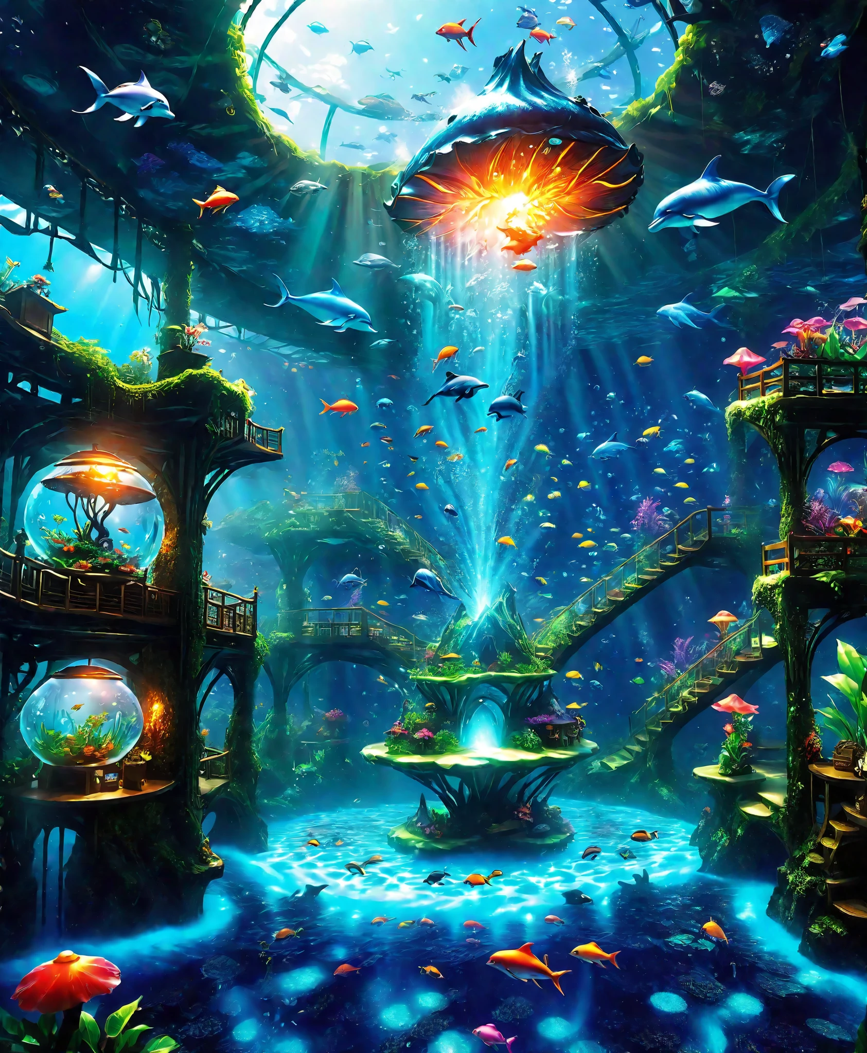 Large, future, the floor with restaurants , Each floor has its own unique world , people々 where the restaurant is enjoyed , The pale blue floor is 、 and the rooftop is a fantastic aquarium where dolphins and colorful tropical fish live, the dark floor is a world of glowing mushrooms and jellyfish , and the roof is a fantastic aquarium where lava flows down due to an erupting volcano . dwarf, Fairies, elves and luminous butterflies 々.