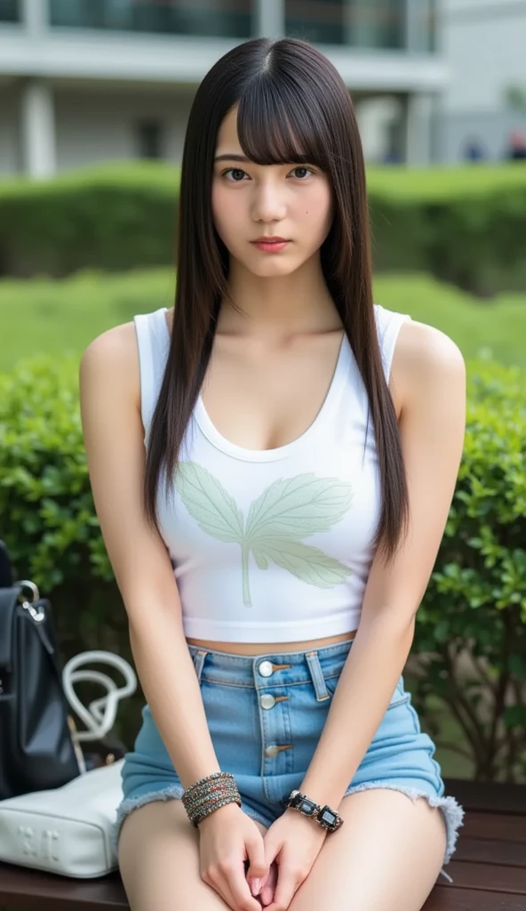 Girl with black long hair, eyes clear, upper body is in uniform, lower body is undressed, lower body is undressed, legs spread at the top of the mountain
