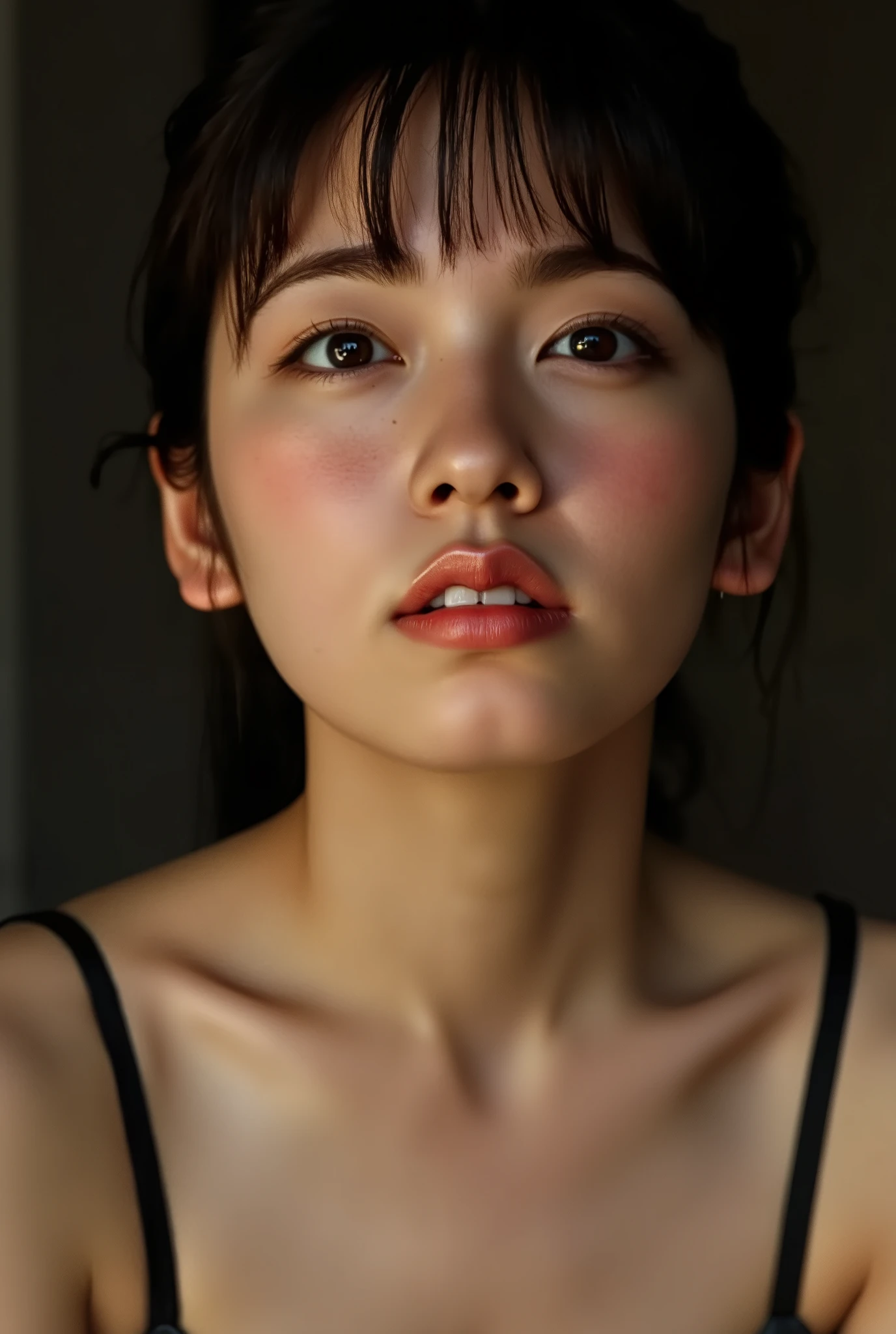 (( top quality )), ((masterpiece)), ( details), first-person view ,1 Girl, sexy,( Bringing Your Face Closer ),((with your mouth wide open )),((Big Breasts, underwear, short bob)), black hair , (( without makeup, small eyes))