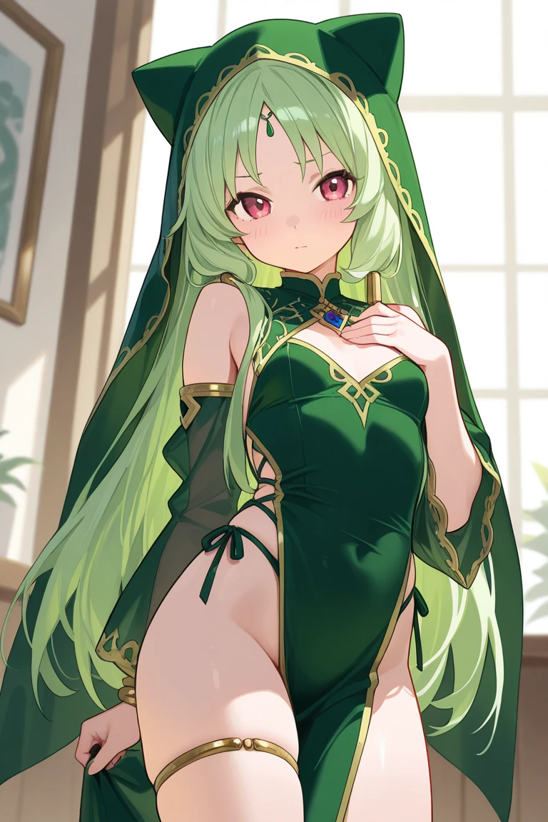 masterpiece、highest quality、Green detailed dress、black shiny knee socks、Wavy long hair、Super big 、Body-fitting clothing、Naughty smile、Pinch both ends of the skirt and lift it up、Pink panties、beautiful girl