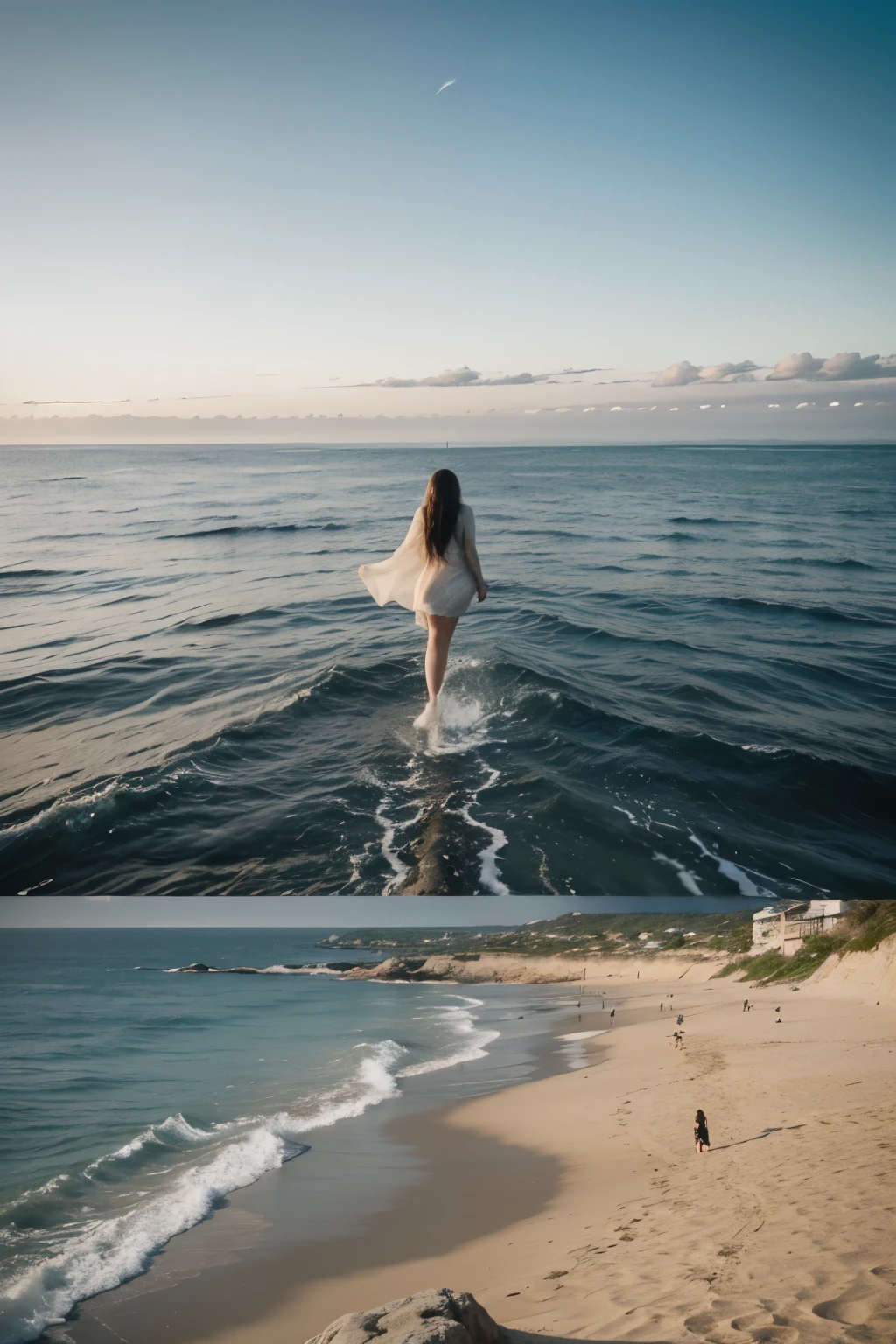 The beautiful girl in swimsuit waves to the small black UFO in the distance,Raise your hands excitedly,Blurry Polaroid photo