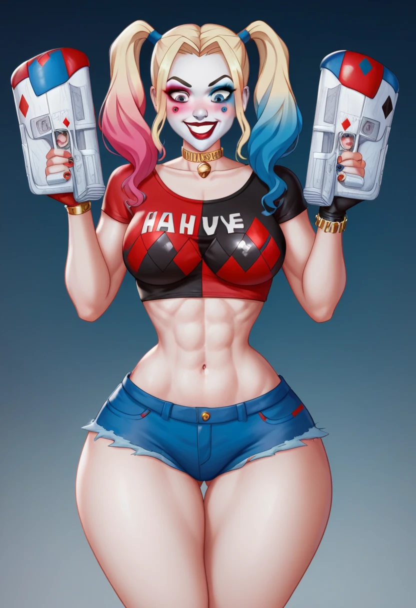(best quality). (Ultra Detalhado). (1girl), Olhando para o Viewer. (Antecedentes detalhados). belos olhos detalhados. rosto delicado e bonito. (high saturation), seios grandes, droopy breasts, sexy Harley Quinn costume, full body, long legs, black stockings, big breasts,