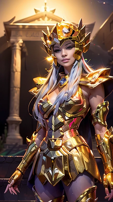masterpiece, best quality, Ultra-high resolution, Realistic skin texture, armature, Reality, high resolution, original photo, Glowing skin, Realistic skin texture, Optimal lighting, spark, Dramatic Lighting, Dynamic poses, Greek temple background, Night Sky, universe, Milky Way, 1 Girl, Balanced Eyes, Andromeda, Pink Armor, Roman skirt, chest, cleveage, Red hair, Pink Helmet, blue eyes, Looking at the audience, Large Breasts, Smile, chain