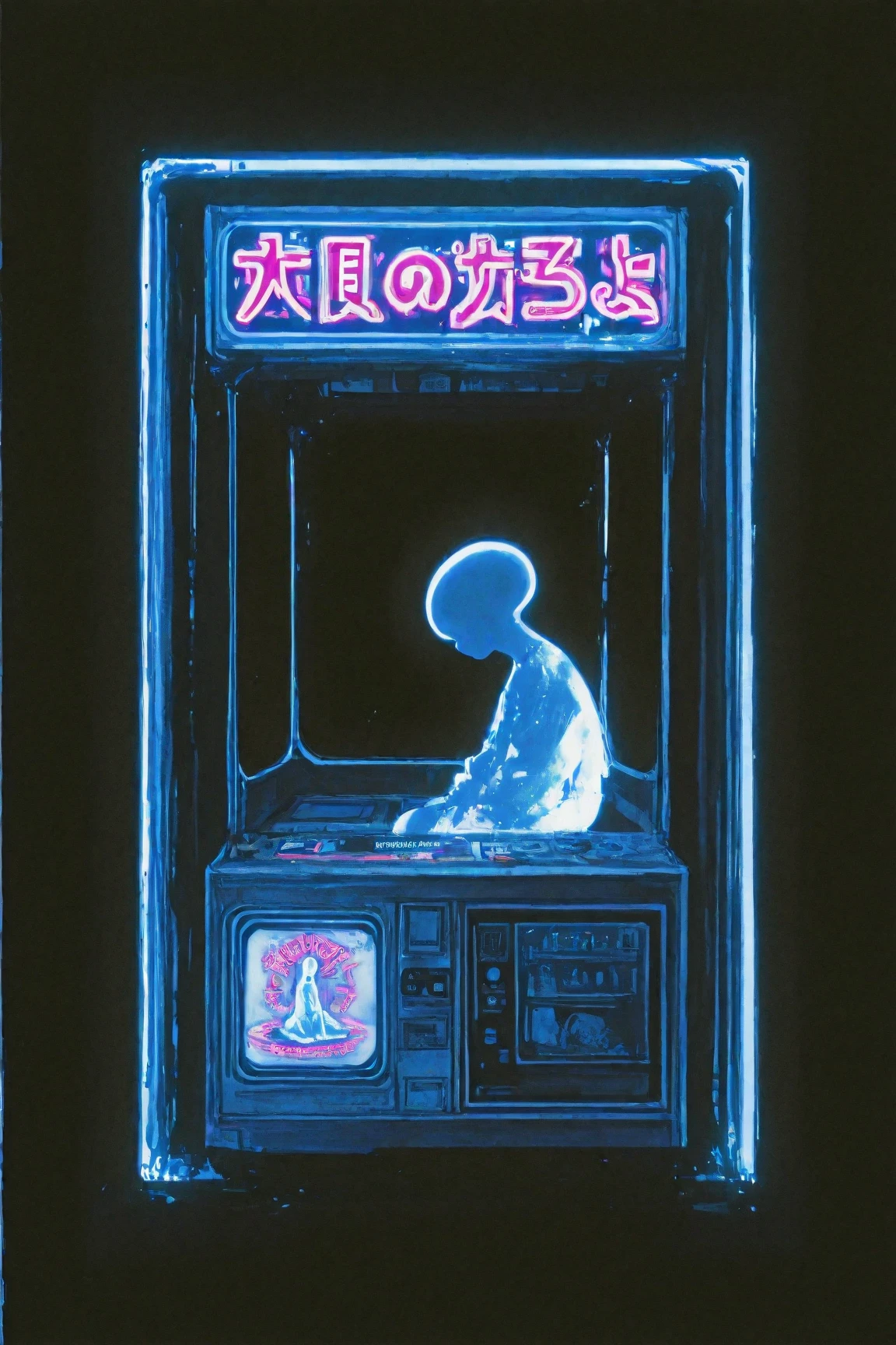 A foreboding dark lo-fi art scene painted on a black background: a young woman sits in a dimly lit underground arcade, facing the large display of a game cabinet. The screen shows alien imagery, creating a dark, atmospheric composition. Neon lights illuminate the space, evoking a nightmarish yet nostalgic mood with a subtle grainy texture. Inspired by Tristan Eaton’s cosmic and anime Art Nouveau style, combined with Britney Lee’s aesthetic. The artwork employs a CMYK palette and detailed photography, making it suitable as an album cover or wallpaper reminiscent of Tristan Eaton’s works.