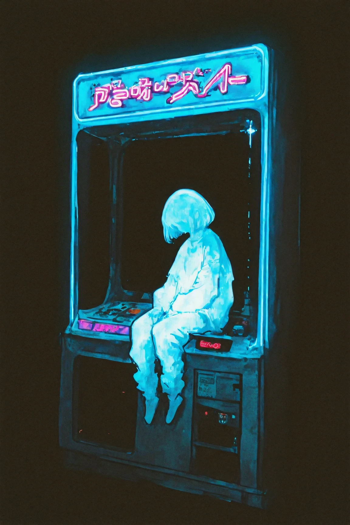 A foreboding dark lo-fi art scene painted on a black background: a young woman sits in a dimly lit underground arcade, facing the large display of a game cabinet. The screen shows alien imagery, creating a dark, atmospheric composition. Neon lights illuminate the space, evoking a nightmarish yet nostalgic mood with a subtle grainy texture. Inspired by Tristan Eaton’s cosmic and anime Art Nouveau style, combined with Britney Lee’s aesthetic. The artwork employs a CMYK palette and detailed photography, making it suitable as an album cover or wallpaper reminiscent of Tristan Eaton’s works.
