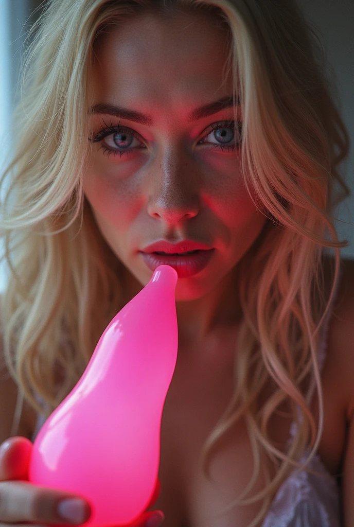 Blond model Sexy seductive face saliva much liquid white on tongue dropping laughing neon eyes bitch