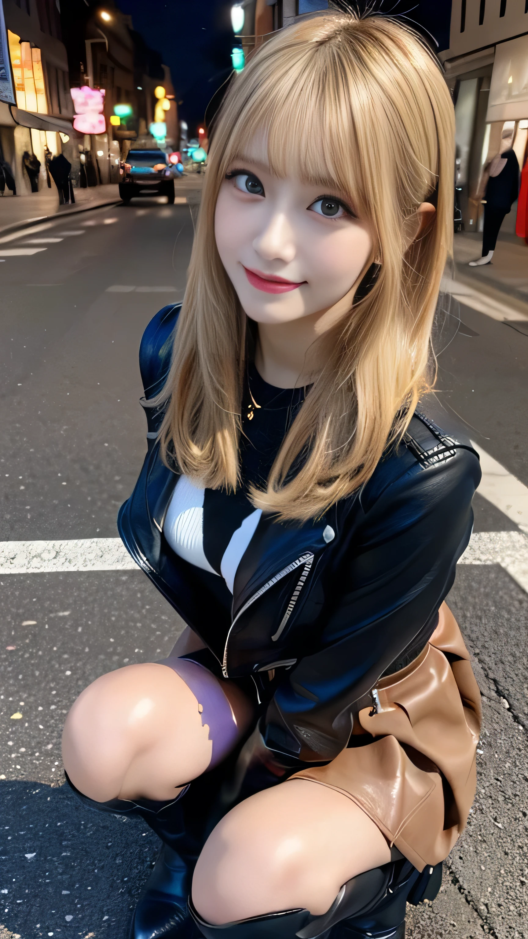 (front view:1.5), (large breast:1.2), full body photo, she is in a street, standing on a street, one girl, High resolution ,blonde hair, Light Hair Color, sexy, Beautiful eyelashes ,High resolution ,Zoom out ,20-year-old ,Highest quality ,Very detailed ,Finer details ,High resolution ,8k wallpaper ,Beautiful eyes in every detail ,Natural lip color ,very beautiful:1.5, Full body,front view:1.5,looking camera, (riders leather thick Jacket,knee high boots, very high gloss:1.3, brown leather pleated middle thick skirt, Little Devil Smile), curvy thighs:1.5, (a beauty girl, delicate girl:1.3), break, very fine eyes, (symmetrical eyes:1.3), break,brown eyes, parted bangs,best smile, break, (eyes and faces with detailed:1.3), break, (masterpiece, best quality, ultra detailed, detailed face, 8k)