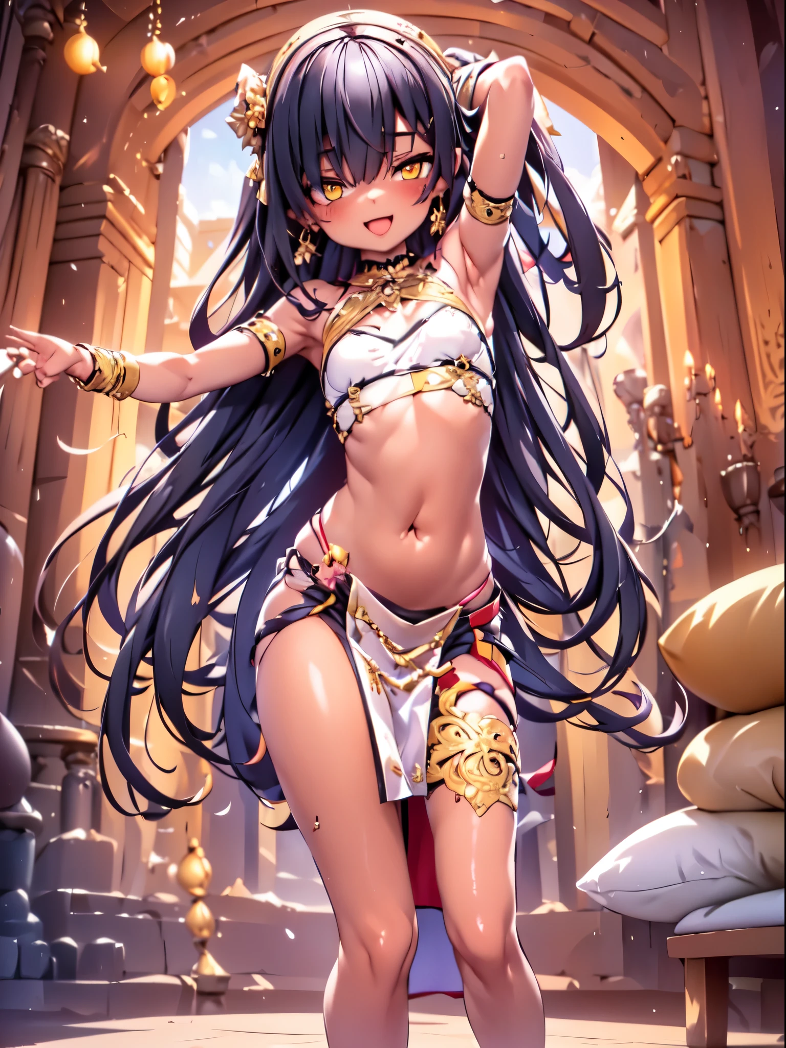 (SLE, mksks style, detailed background:1.1), (solo:1.3), girl, dark skin, ornate arabic dress, long hair, black hair, beautiful hair, (hair over eye), yellow_eyes, happy,head tilt, volumetric lighting, (detailed harem building interior), detailed background, arabic harem, colorful, flat chest, arabic clothes, , lewd outfit, young, (young girl), , (very young girl), small girl, skimpy outfit, midriff, nsfw, lewd, slutty facial expression, (dancing), open mouth, (dark skin), (pelvic curtain), dancer, arms above head, hip sway, (motion lines:1.3), hip sway, bellydancer, arabic, arches, cushions, marble walls