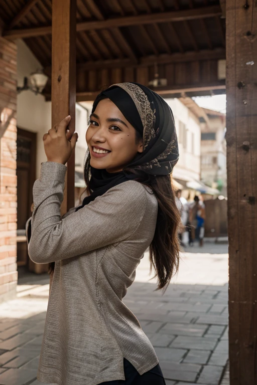 1 malay woman in hijab,((wear tight light blue baju kurung with small floral pattern)),(big buttocks), big round ass, , laughing smile, (hijab flying), de pele branca, hyper big breasts thin waist, china-style street, Hyper-Realism, Cinematic lighting, depth of fields, From back below, vanishing point, F/2.8, Anatomically correct, Textured skin, Super Detail, award winning, Best Quality, hight resolution,