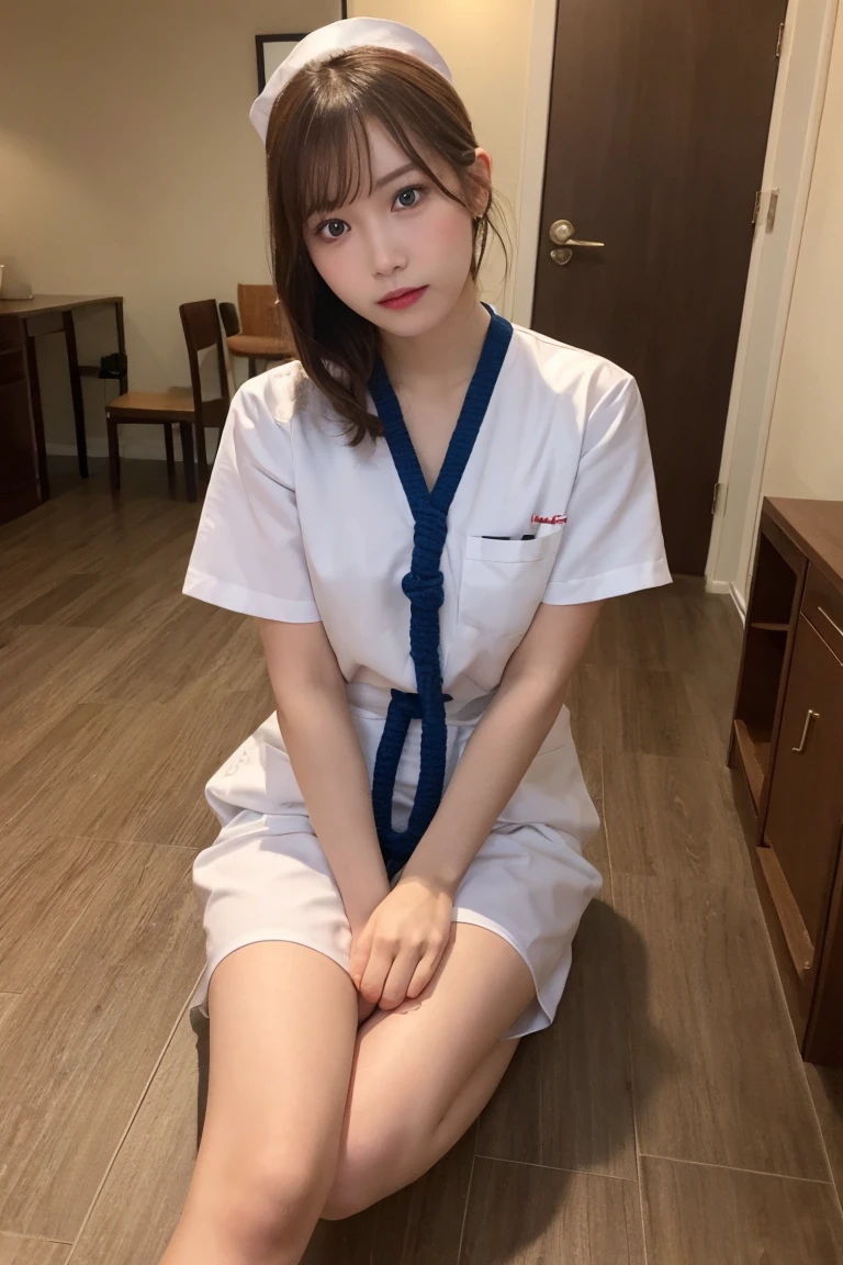 A cute girl is confined and tied up、Inside the room、White under the blue skirt、Red short sleeve shirt、Sit with your feet together and forward、Beauty、