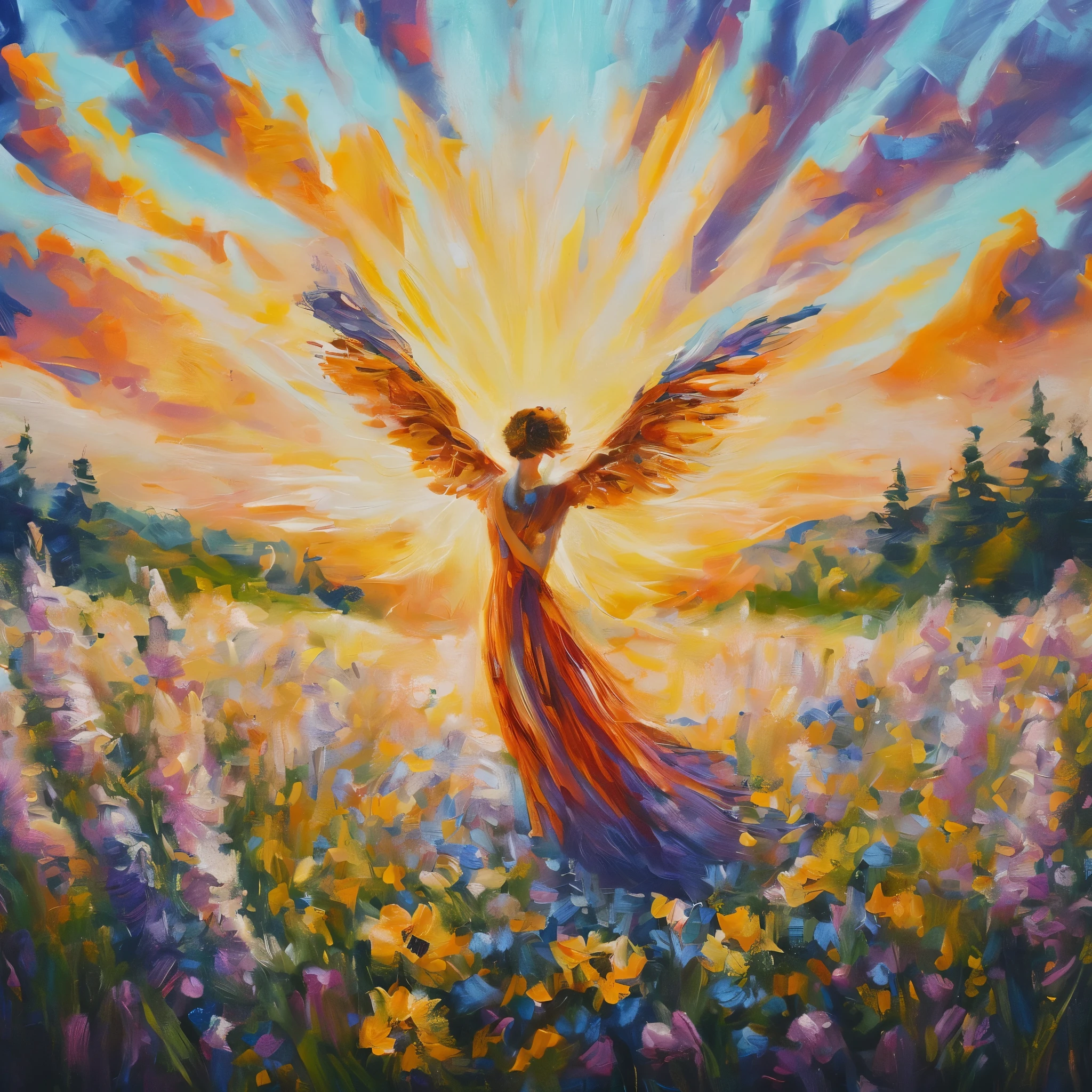 picture of a woman in a field of flowers with the sun in the background, goddess in a field of flowers , etheric angelic being of light , an angel of the dawn light, full of paintings with angels , with its wings spread , glowing angelic being, A Beautiful Angel, radiating rebirth energy , guardian angel, praising the sun, Angelic light, llama angel of the sunrise