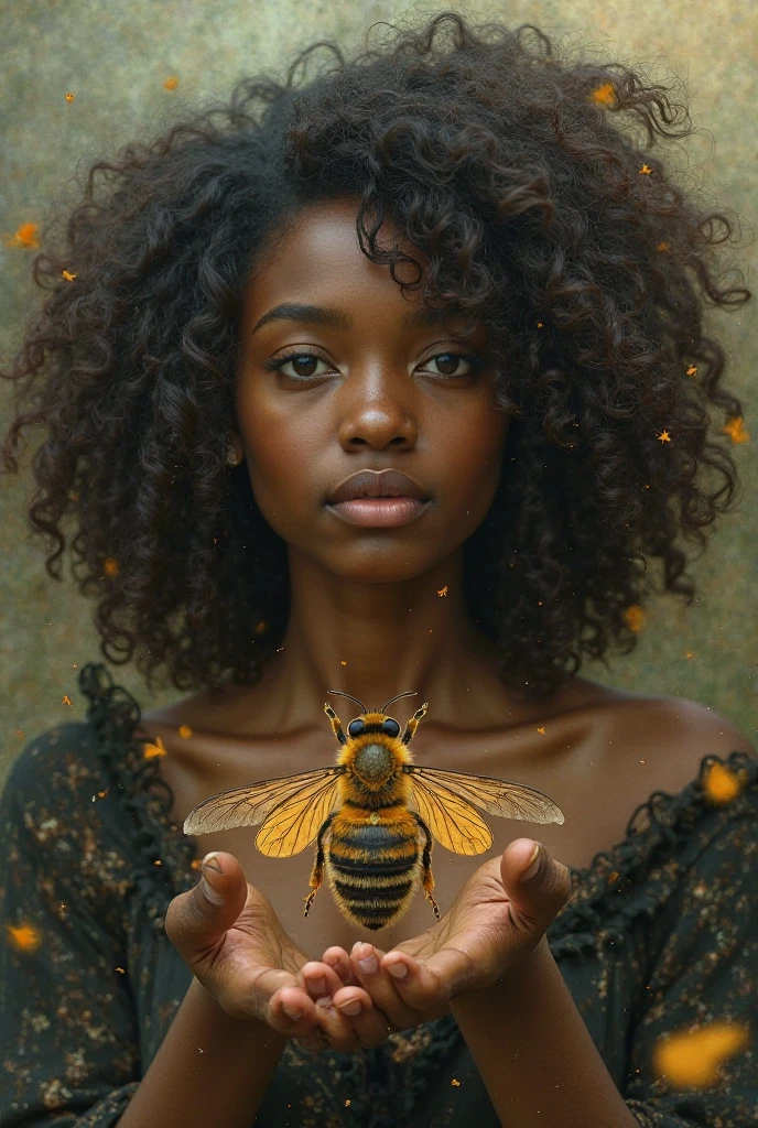 black skin tone, black curly hair, dark brown eye, yellow dress with flowers, holding a ladybug in hand, silver background,